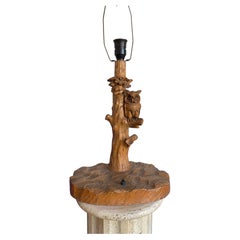Early 1900, Hand Carved Wooden Black Forest Owl in Tree Table / Desk Lamp