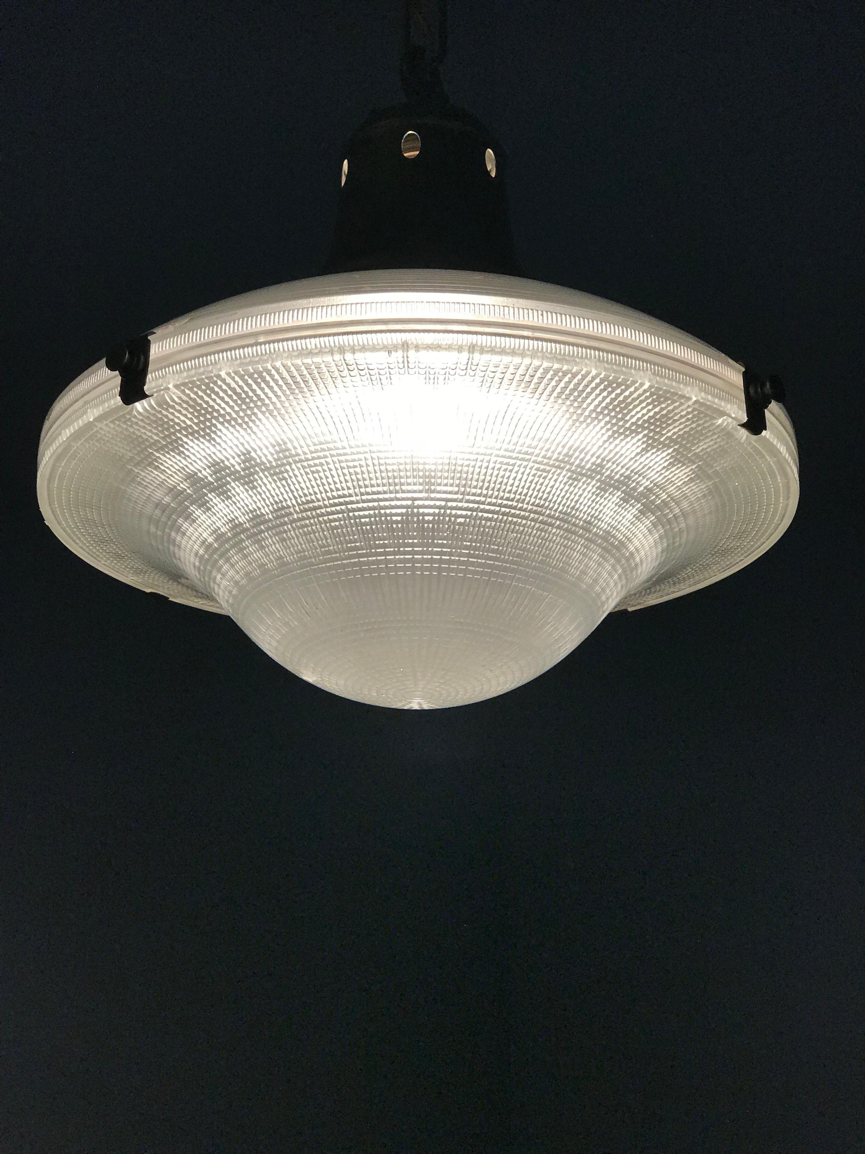 Early 1900 Holophane Glass Pendant Light, Marked Made in England Brass and Glass 5