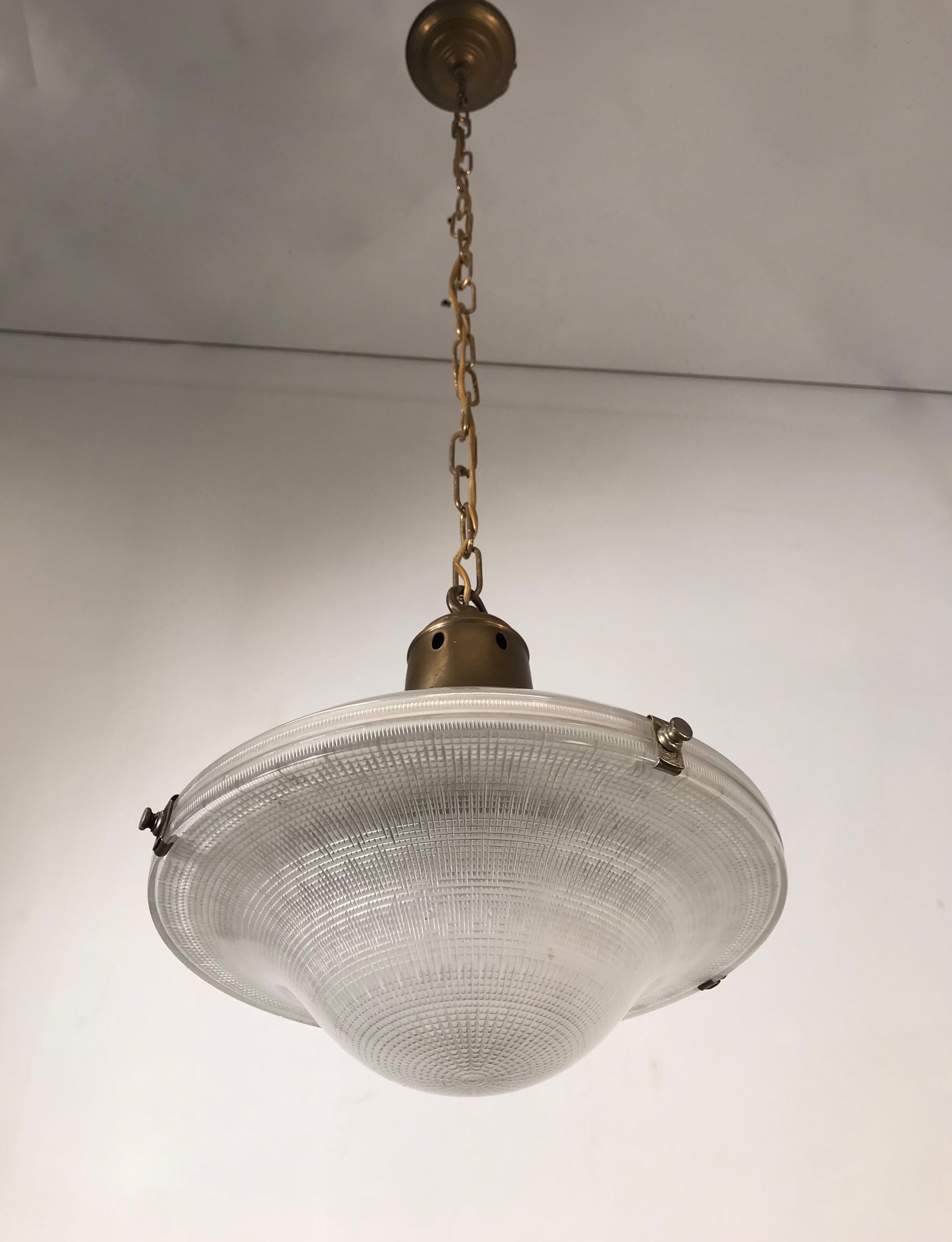 Early 1900 Holophane Glass Pendant Light, Marked Made in England Brass and Glass 6