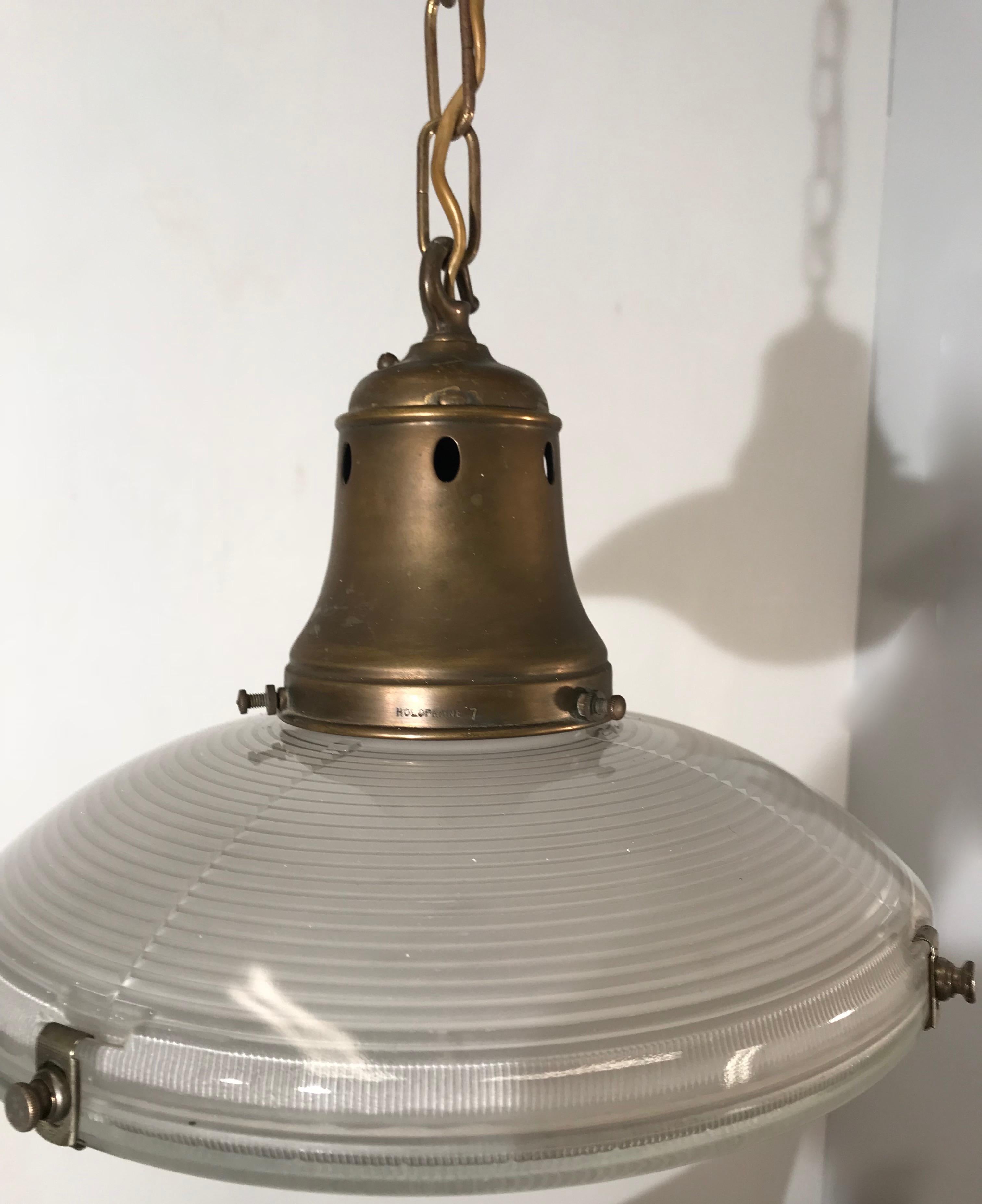 Arts and Crafts Early 1900 Holophane Glass Pendant Light, Marked Made in England Brass and Glass