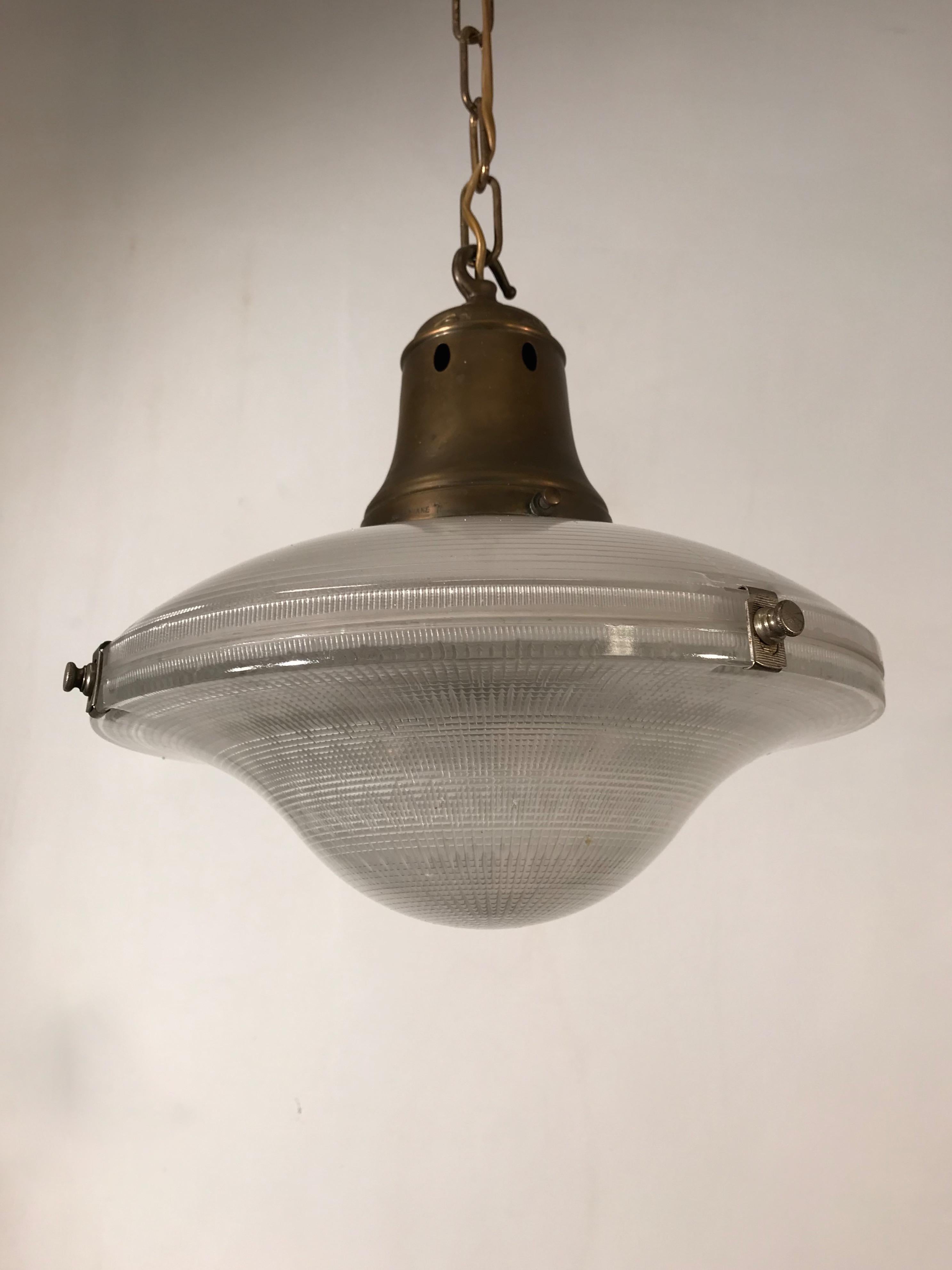 Hand-Crafted Early 1900 Holophane Glass Pendant Light, Marked Made in England Brass and Glass