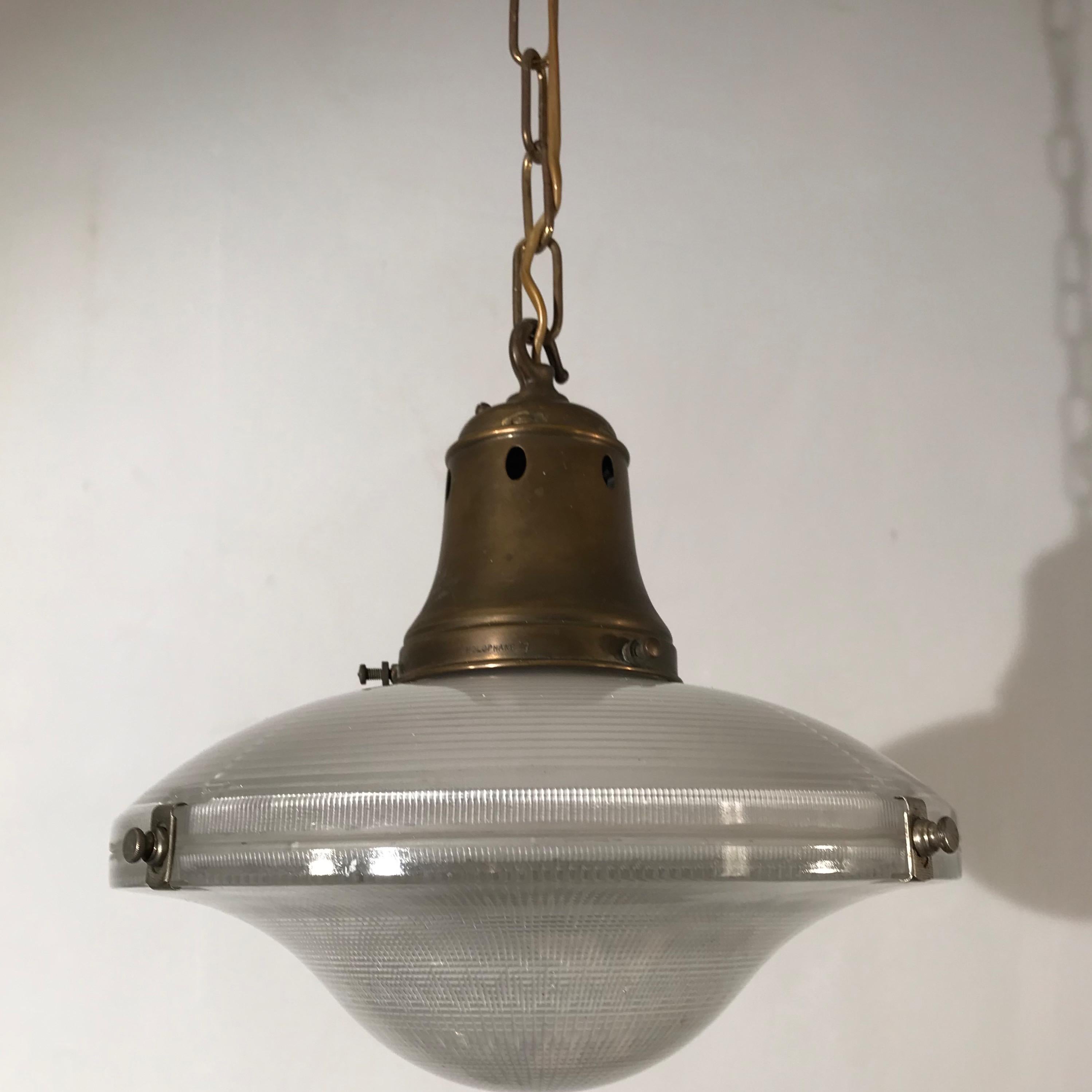 Early 1900 Holophane Glass Pendant Light, Marked Made in England Brass and Glass In Excellent Condition In Lisse, NL