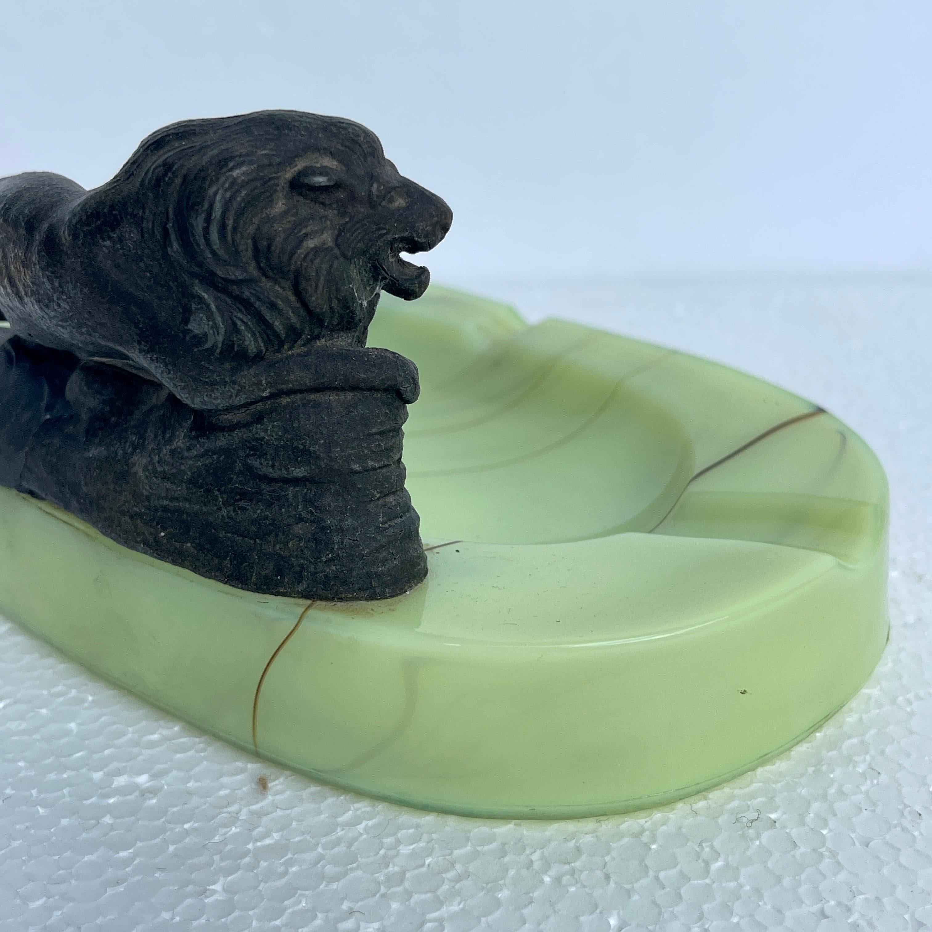 Early 1900 hundreds Green Opaline Lion Cast Ashtrays 1