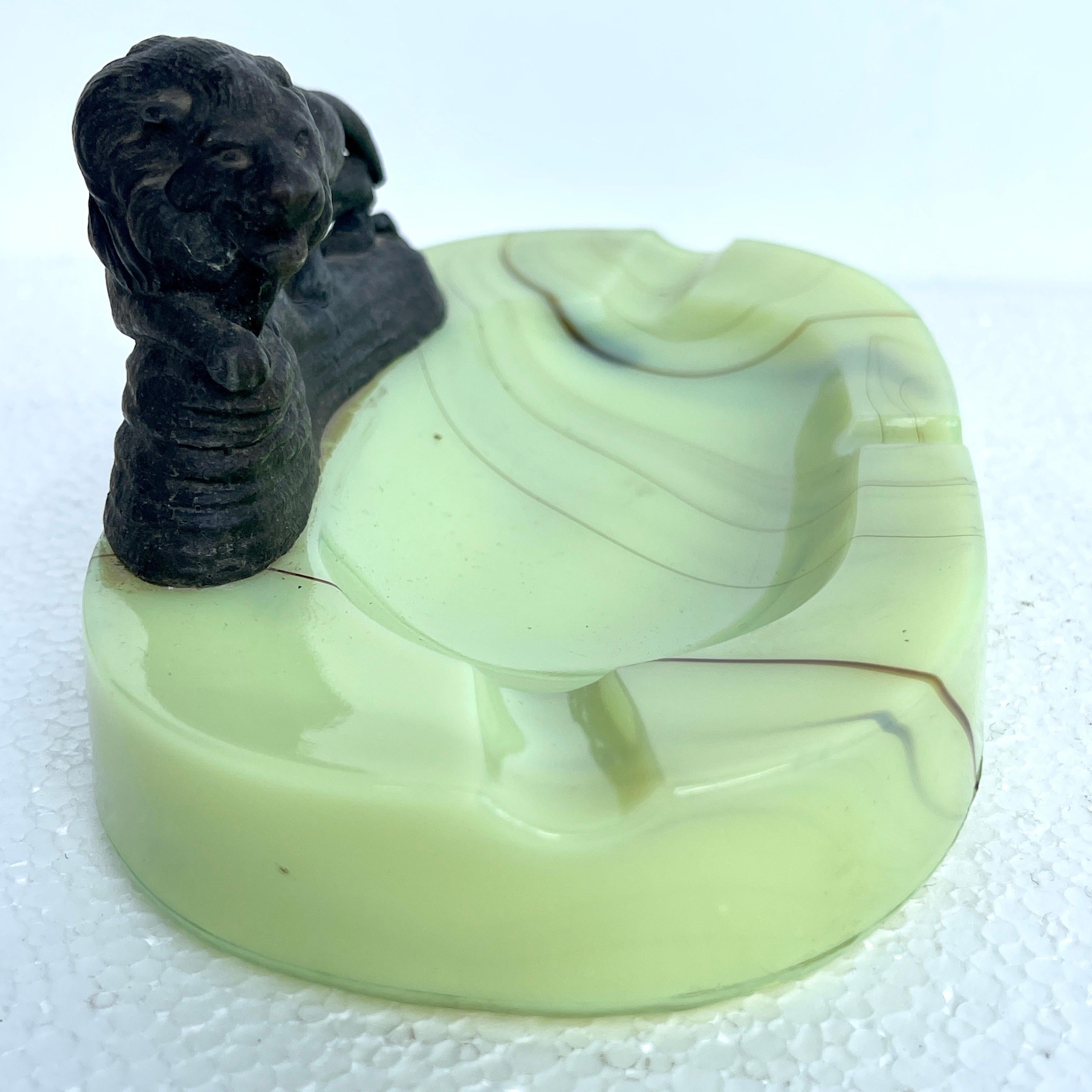 Early 1900 hundreds Green Opaline Lion Cast Ashtrays 2
