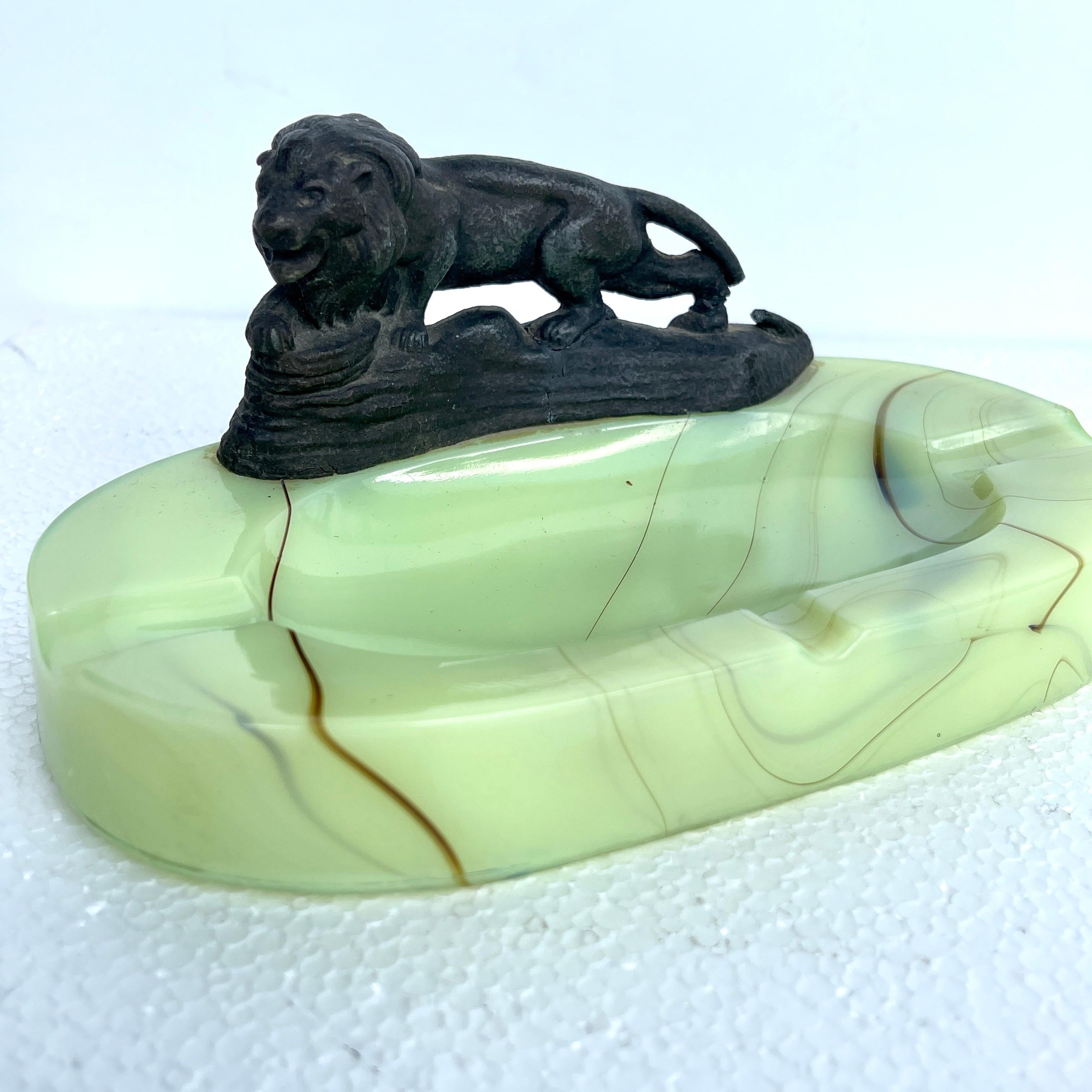 Early 1900 hundreds Green Opaline Lion Cast Ashtrays 3