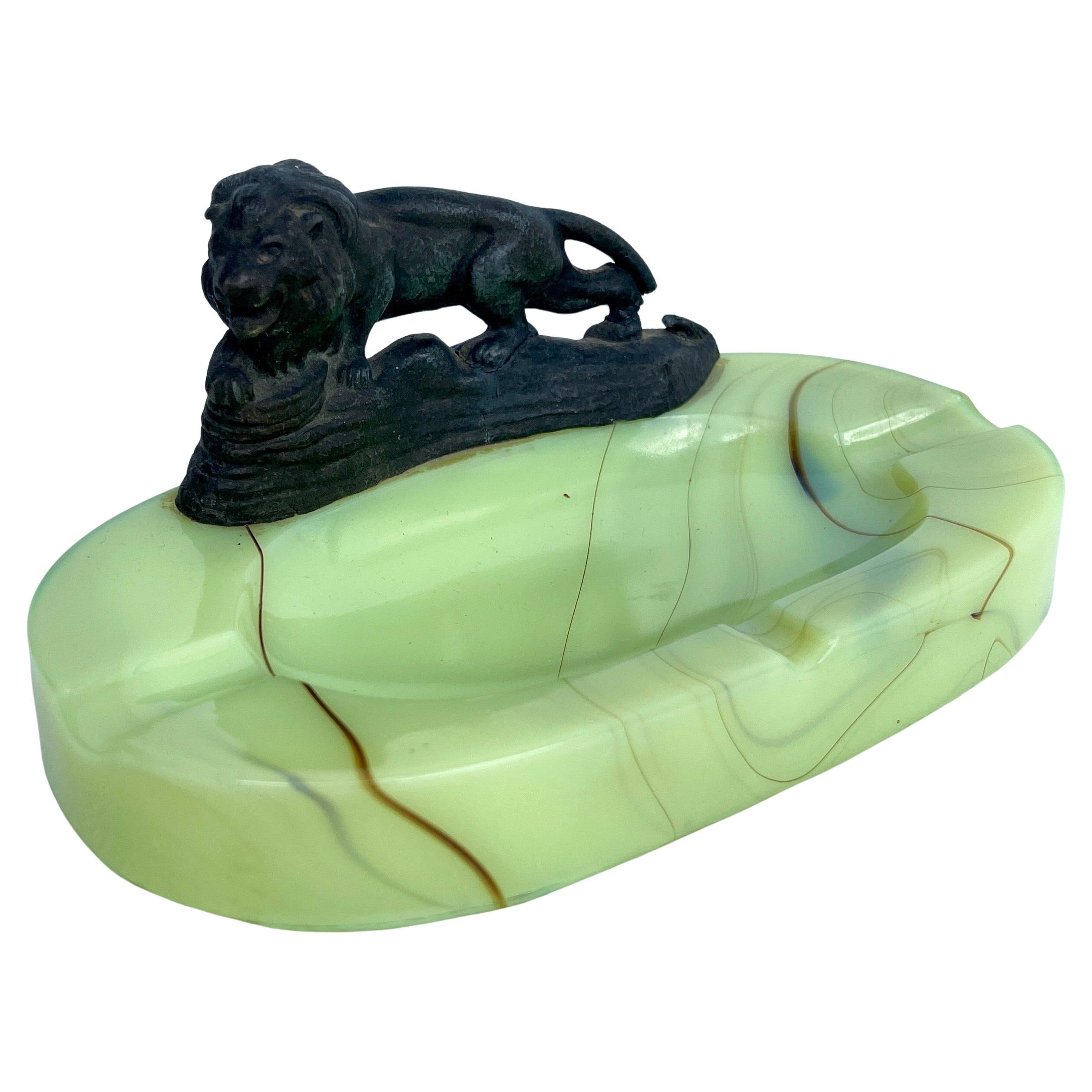 Art Deco Early 1900 hundreds Green Opaline Lion Cast Ashtrays