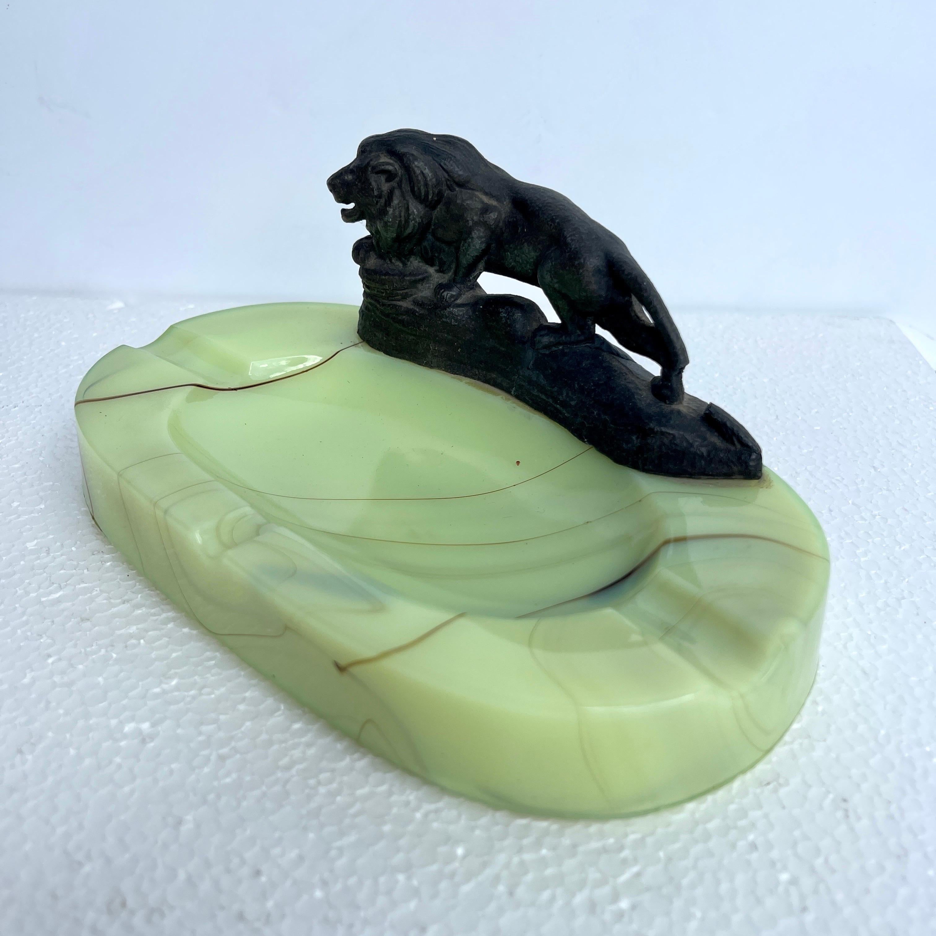 Early 1900 hundreds Green Opaline Lion Cast Ashtrays In Good Condition In Haddonfield, NJ