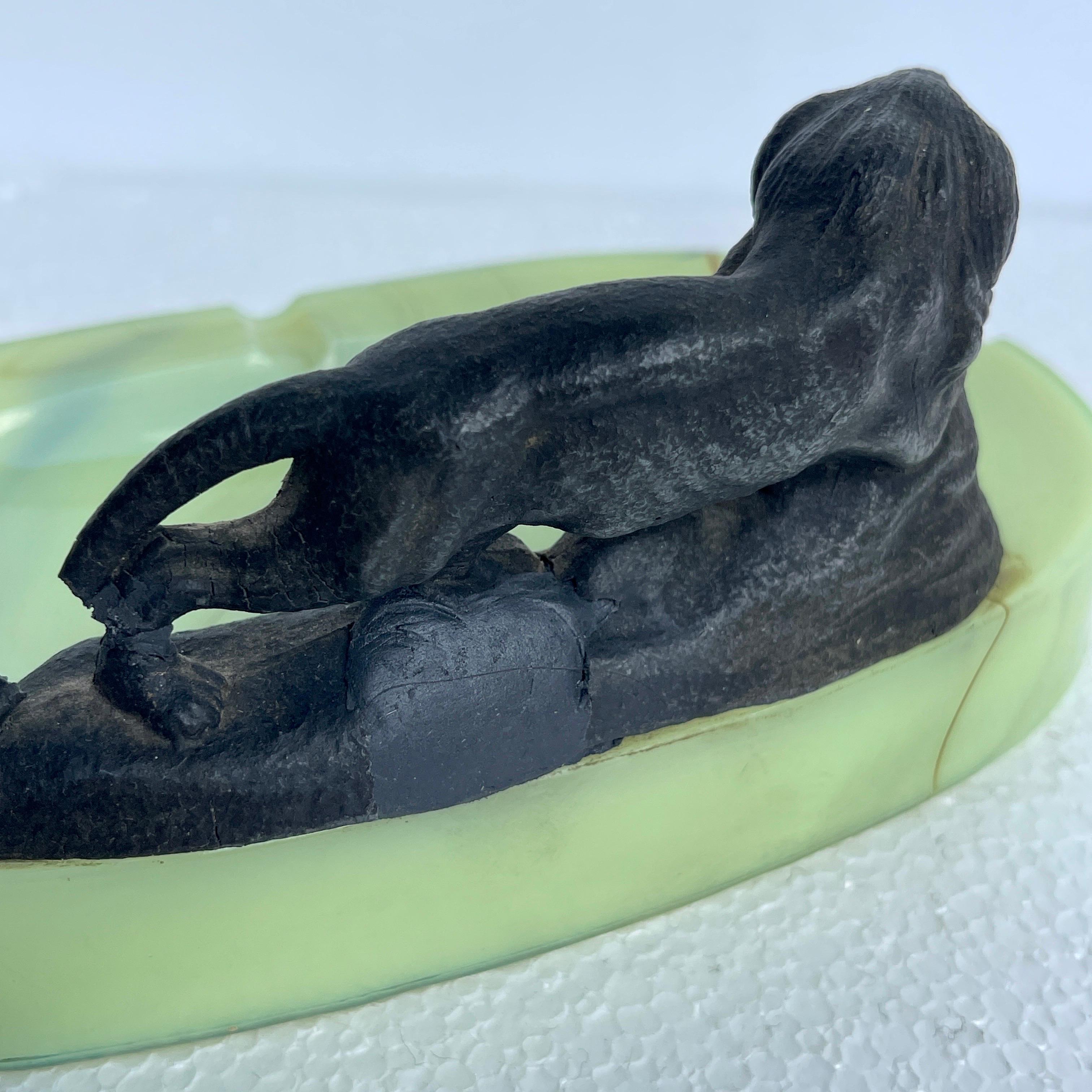 Metal Early 1900 hundreds Green Opaline Lion Cast Ashtrays