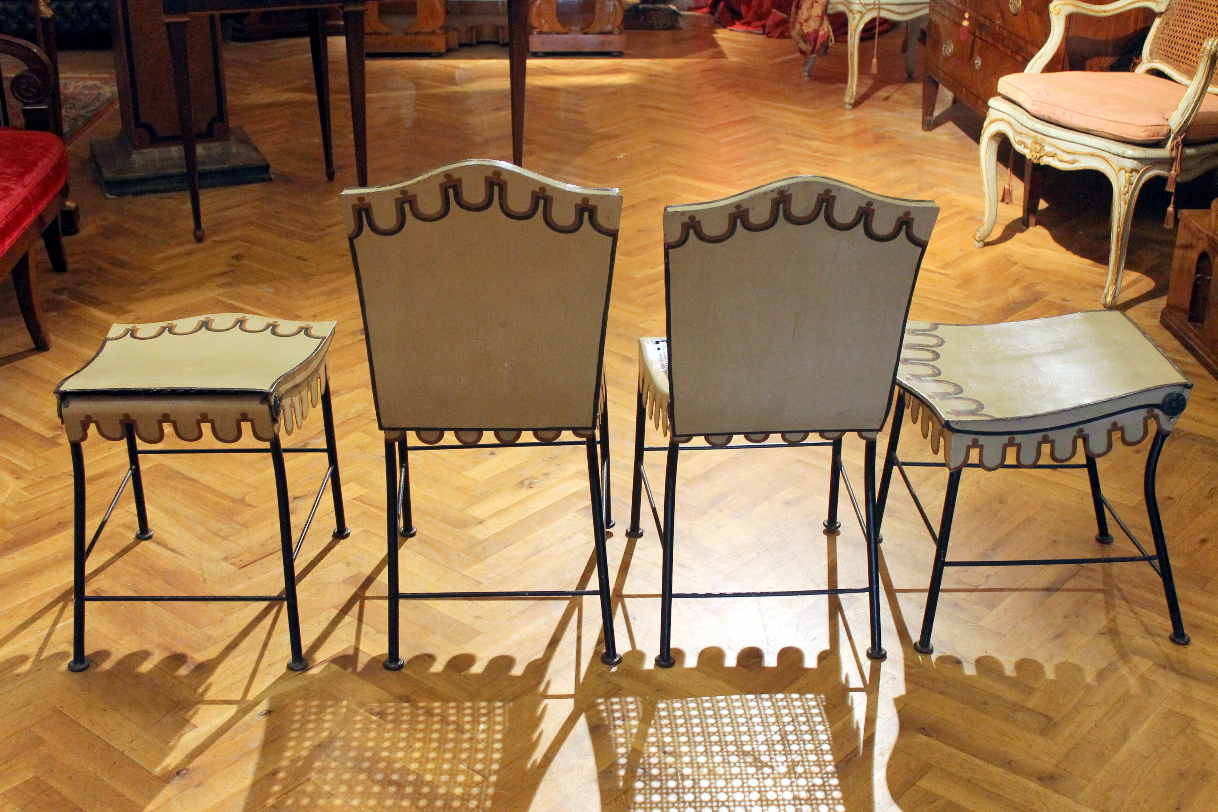 Art Nouveau Italian Hand Painted Iron Folding Garden Scalloped Chairs and Stools For Sale 10