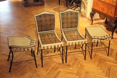 Art Nouveau Italian Hand Painted Iron Folding Garden Scalloped Chairs and Stools