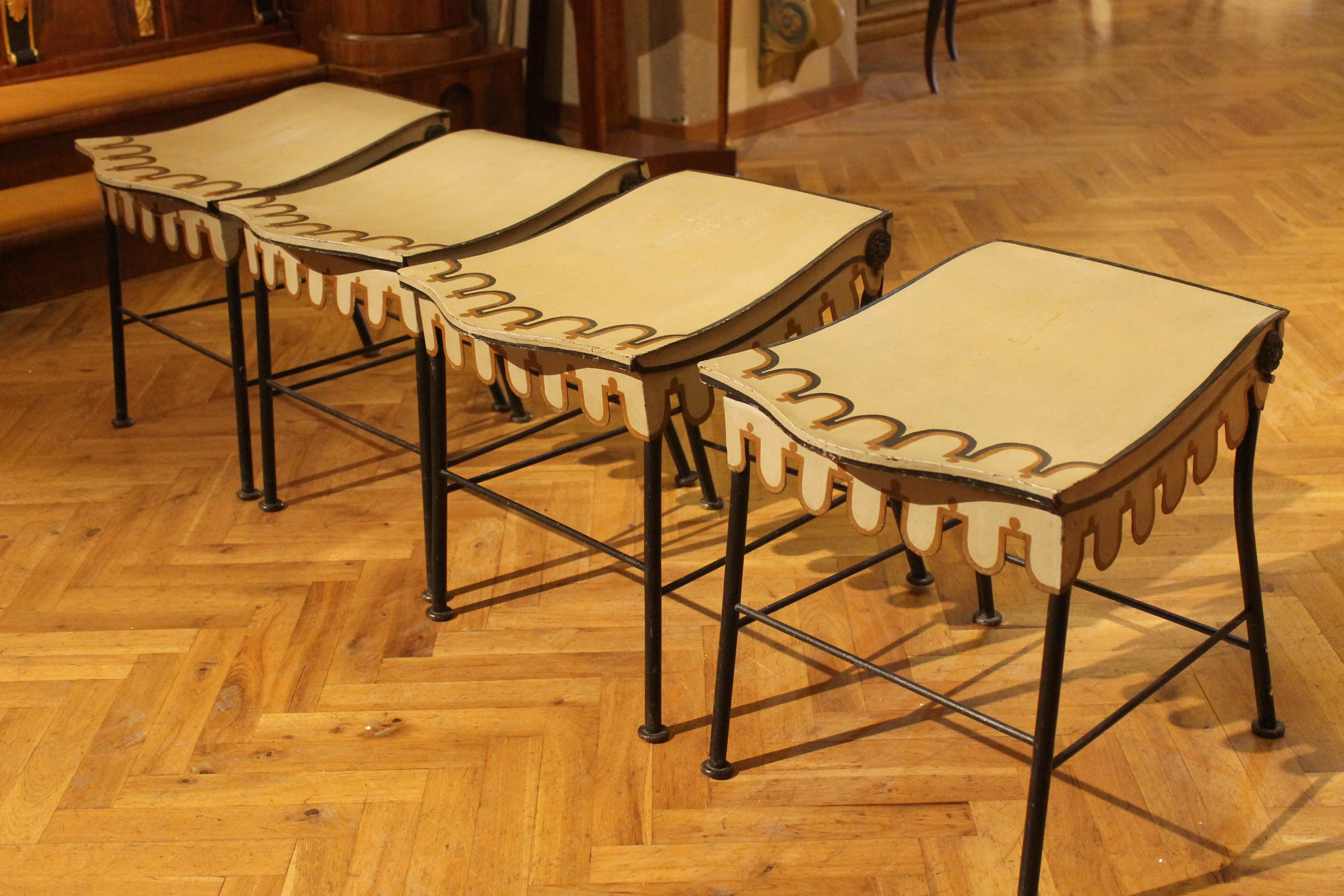 Art Nouveau Italian Hand Painted Iron Folding Garden Scalloped Chairs and Stools For Sale 15