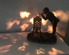 Early 1900 Jugendstil Young Male with Pipe Sculpture Table/Desk Lamp on Marble