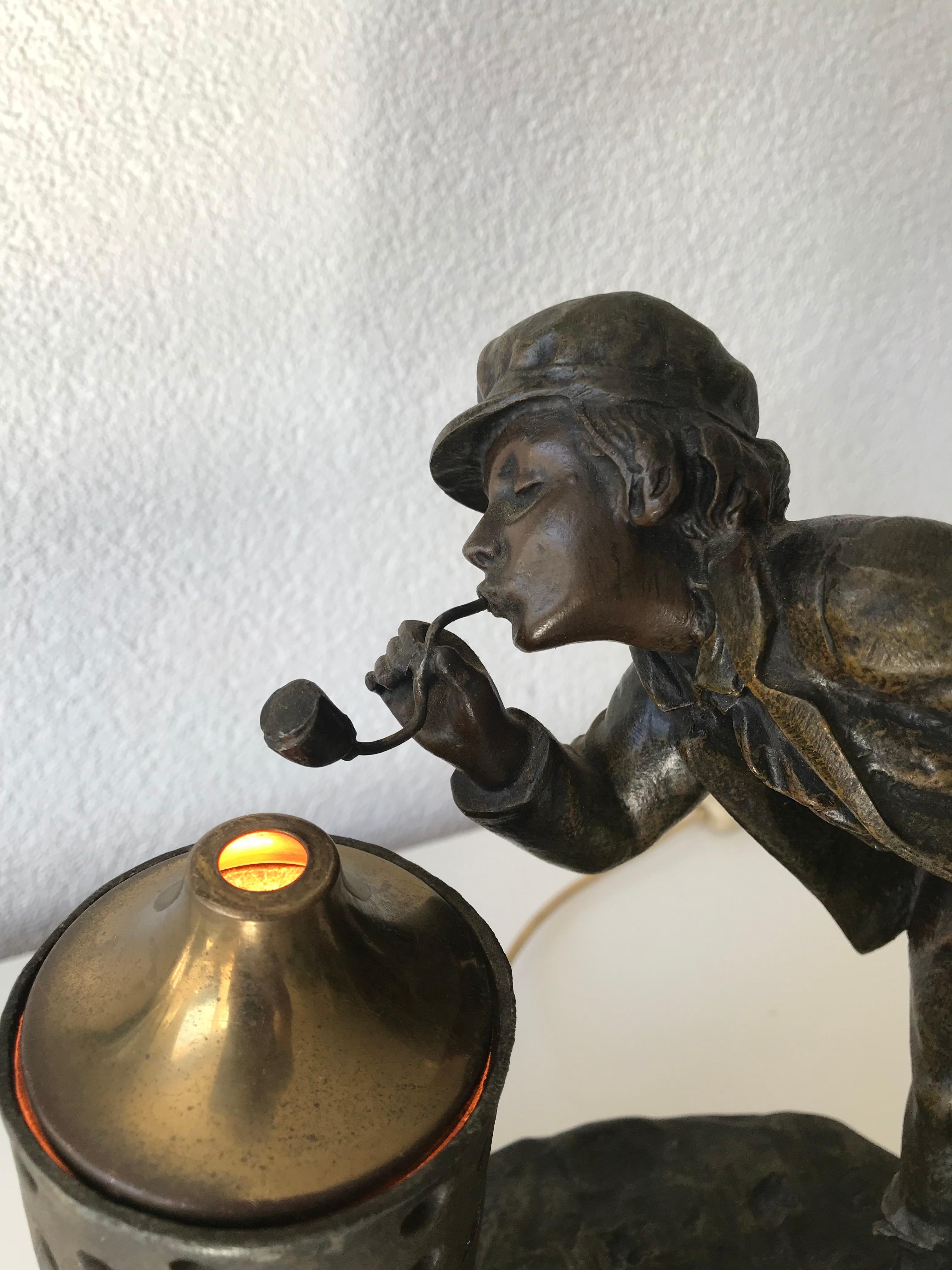 Hand-Crafted Early 1900 Jugendstil Young Male with Pipe Sculpture Table/Desk Lamp on Marble