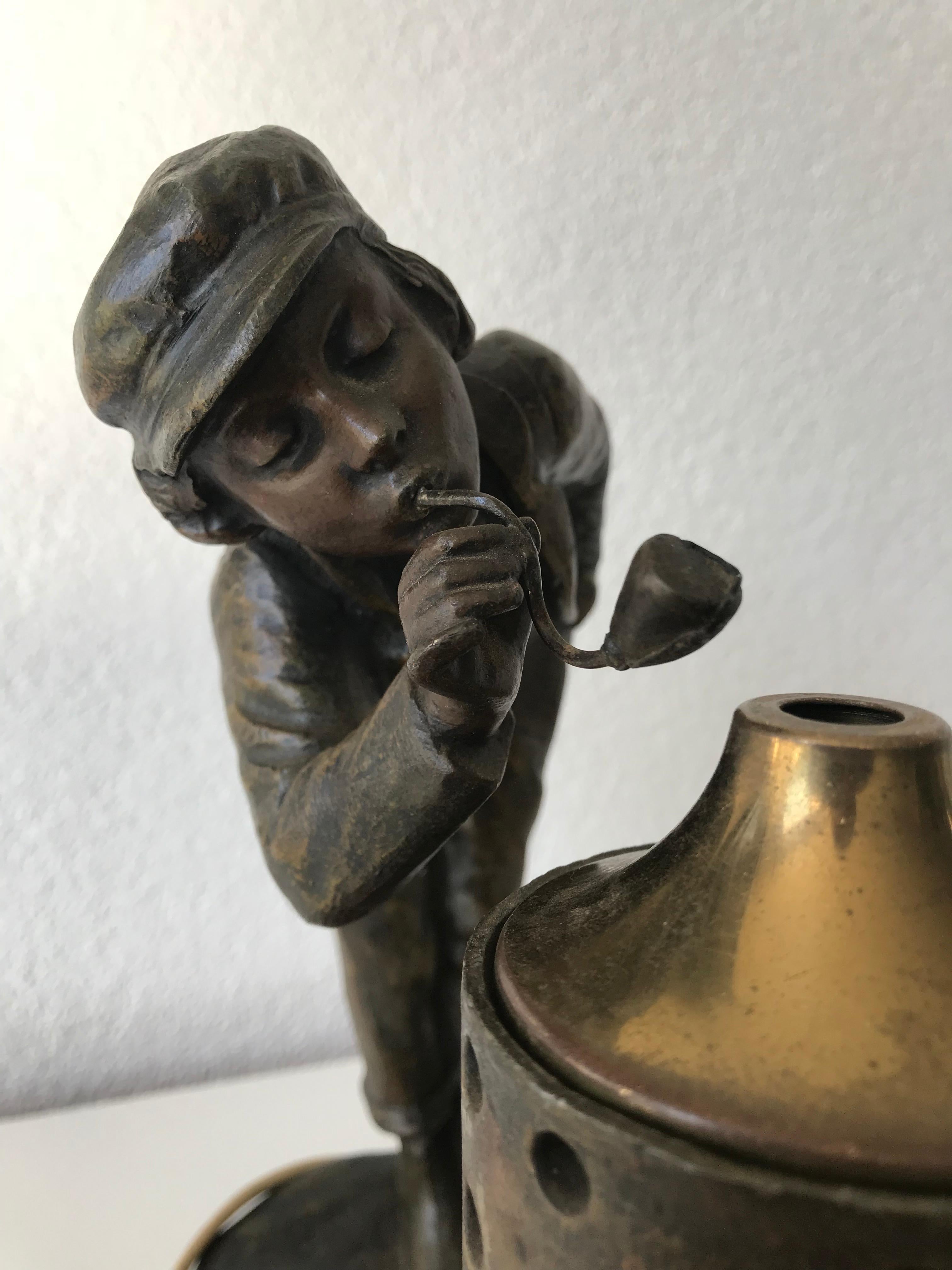 Early 1900 Jugendstil Young Male with Pipe Sculpture Table/Desk Lamp on Marble In Excellent Condition In Lisse, NL