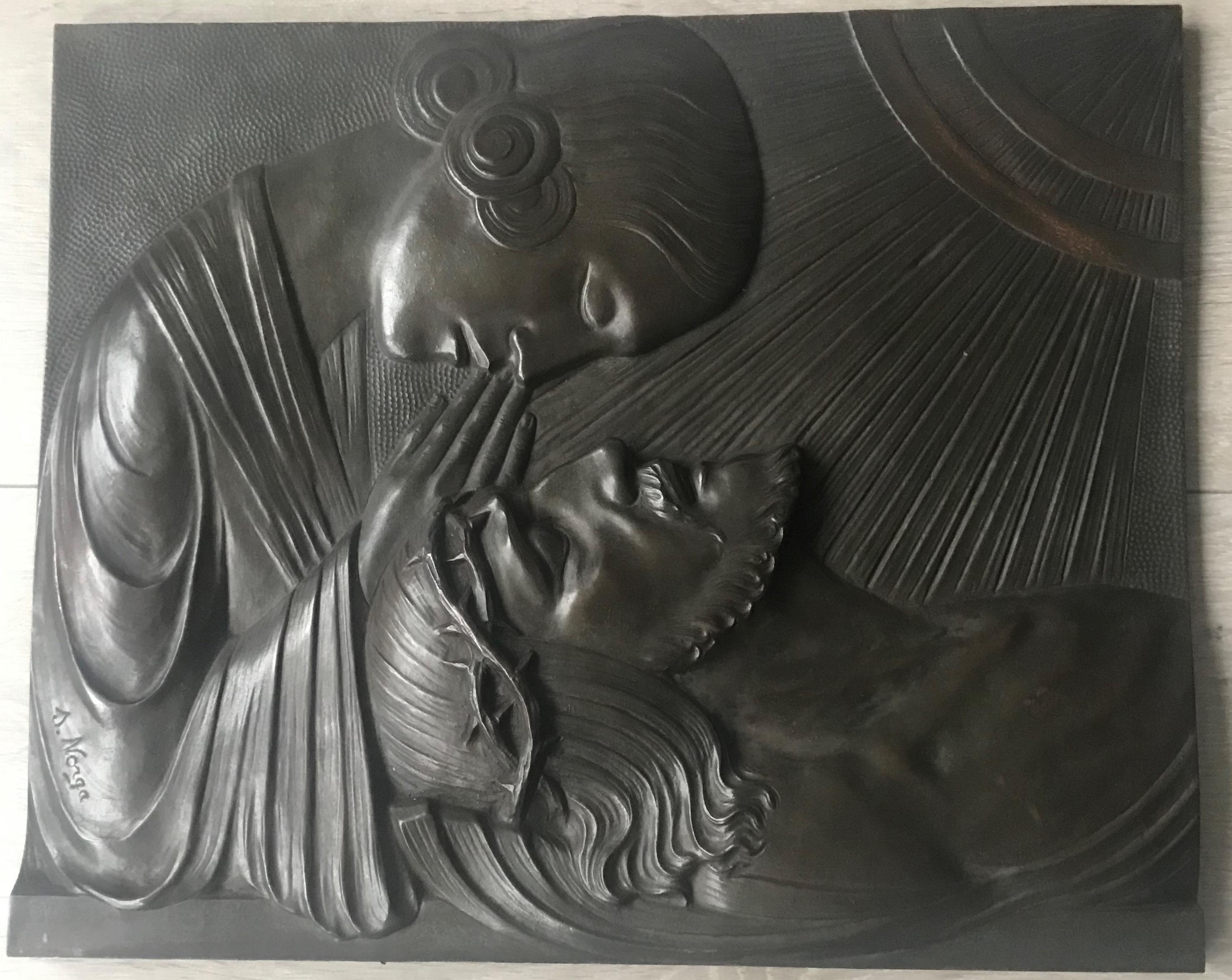 Large Early 1900 Art Nouveau Bronze Wall Plaque the Pieta' by Sylvain Norga 3