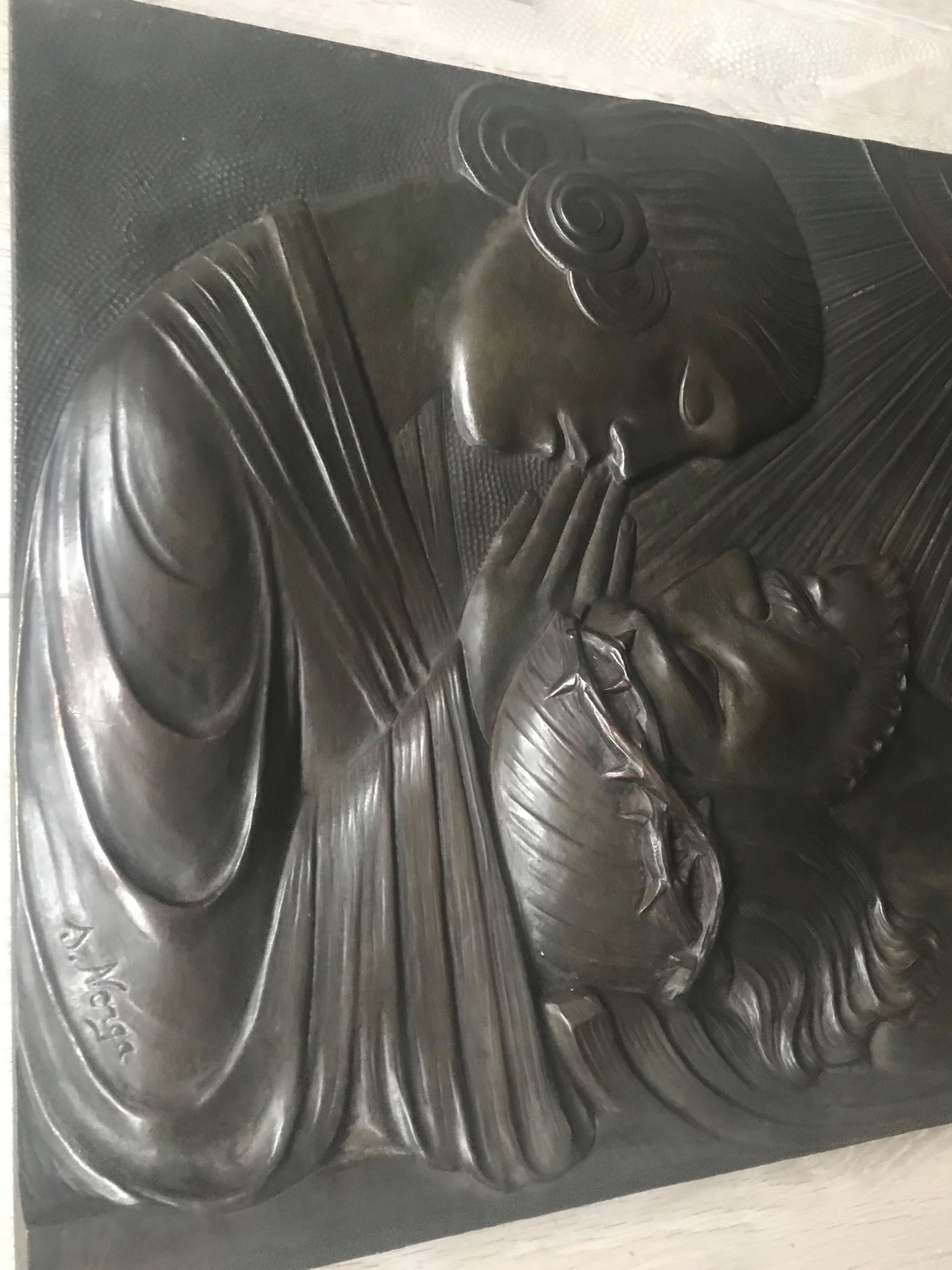 20th Century Large Early 1900 Art Nouveau Bronze Wall Plaque the Pieta' by Sylvain Norga