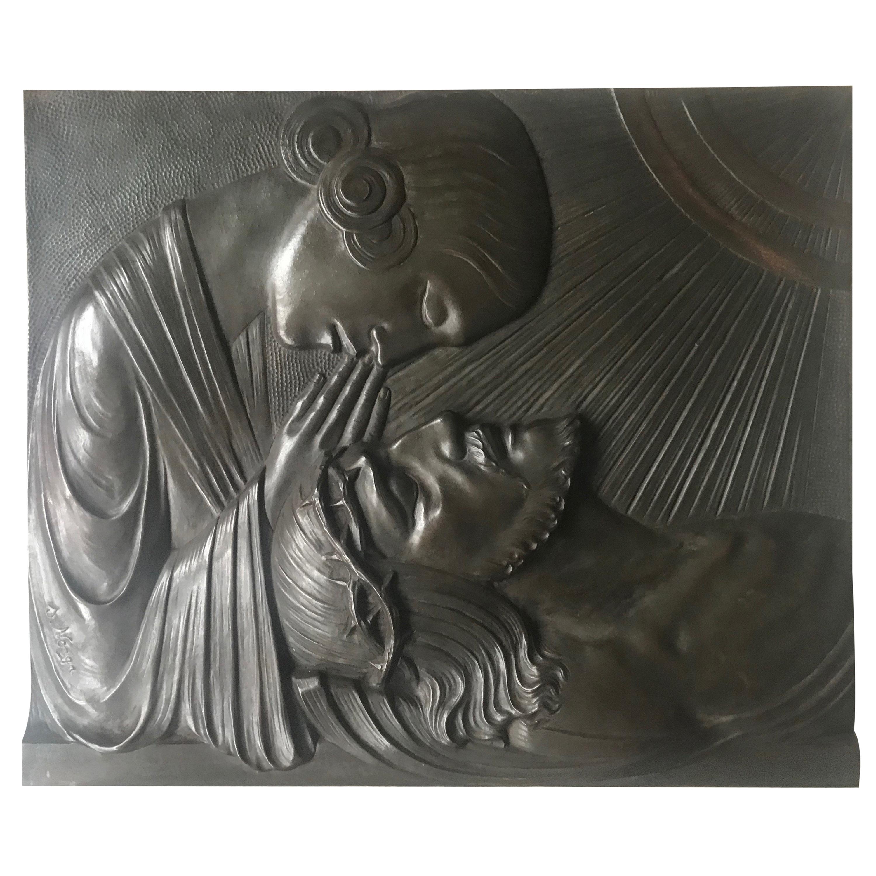 Large Early 1900 Art Nouveau Bronze Wall Plaque the Pieta' by Sylvain Norga