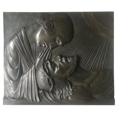 Grande plaque murale en bronze Art nouveau du début des années 1900 - "La Pieta" de Sylvain Norga