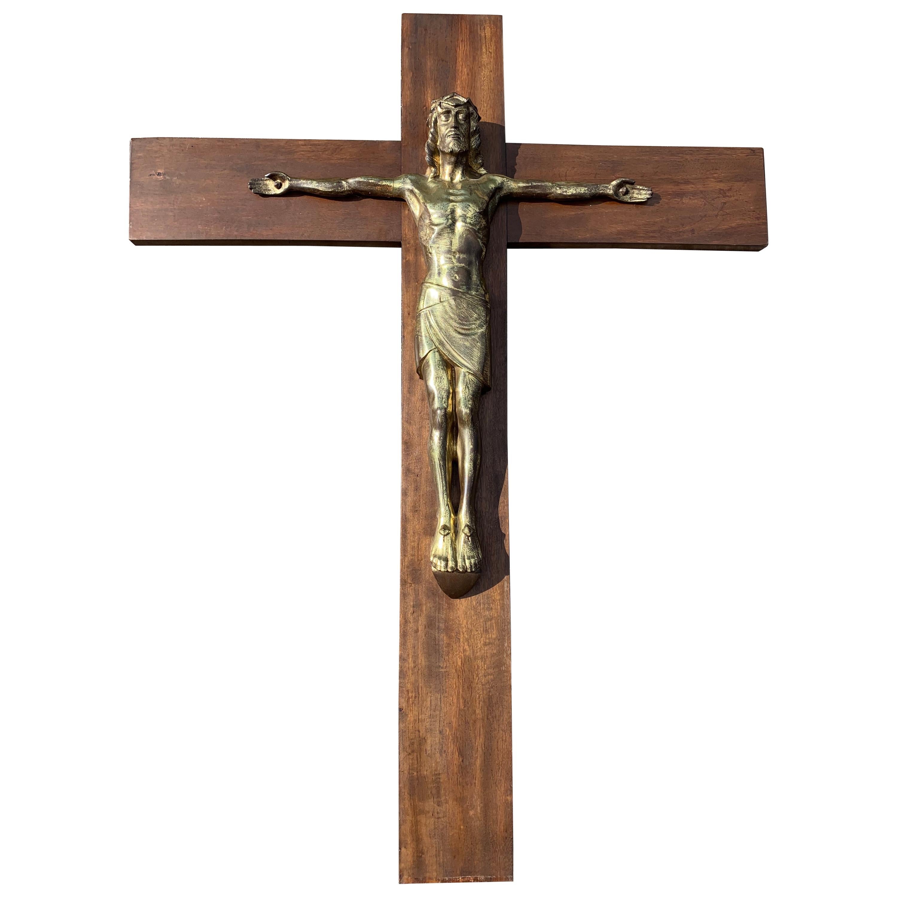 Early 1900 Large Size & Stylish Bronze Jesus Wall Crucifix / Christ on the Cross