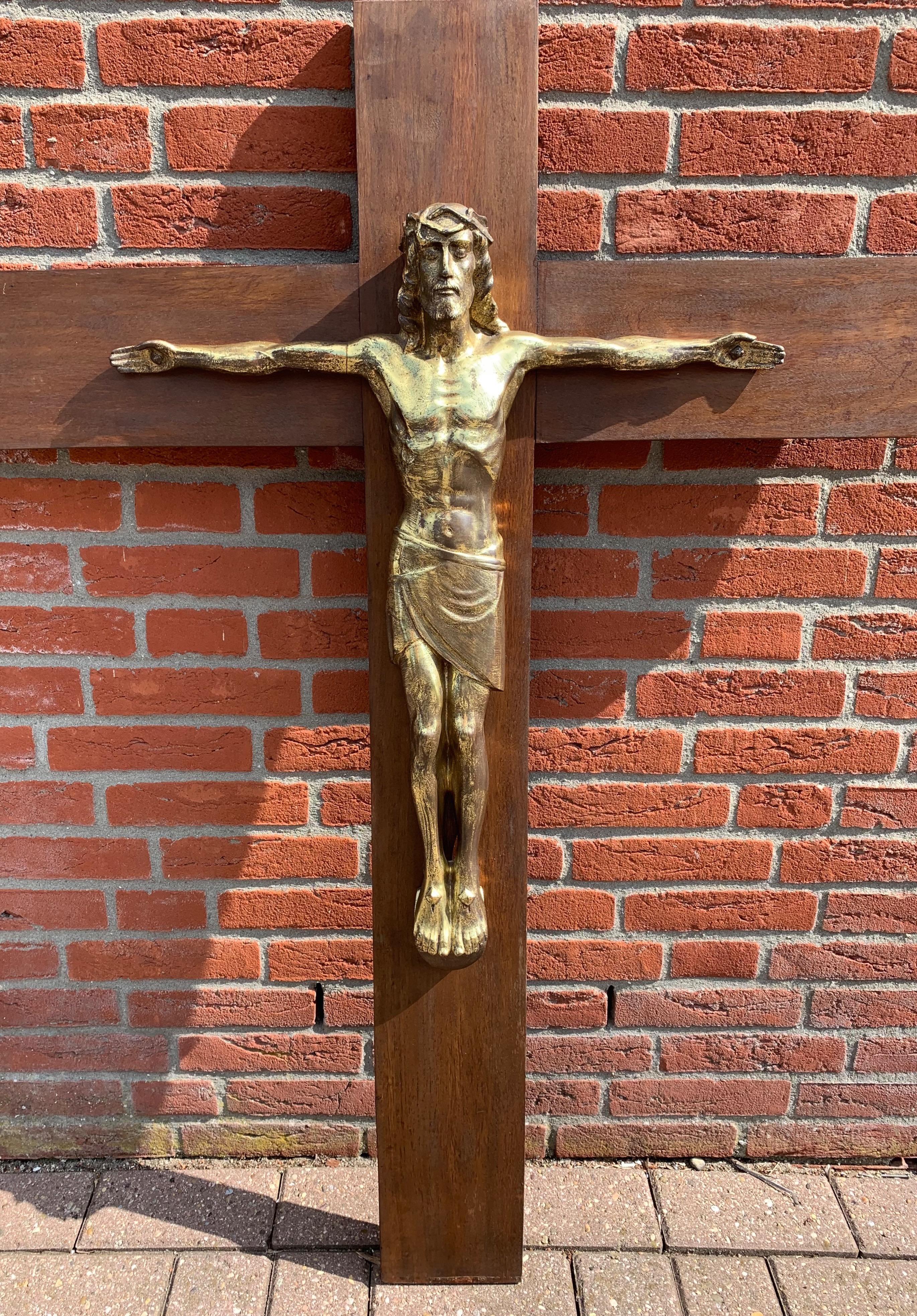Gothic Early 1900 Large Size & Stylish Bronze Jesus Wall Crucifix / Christ on the Cross