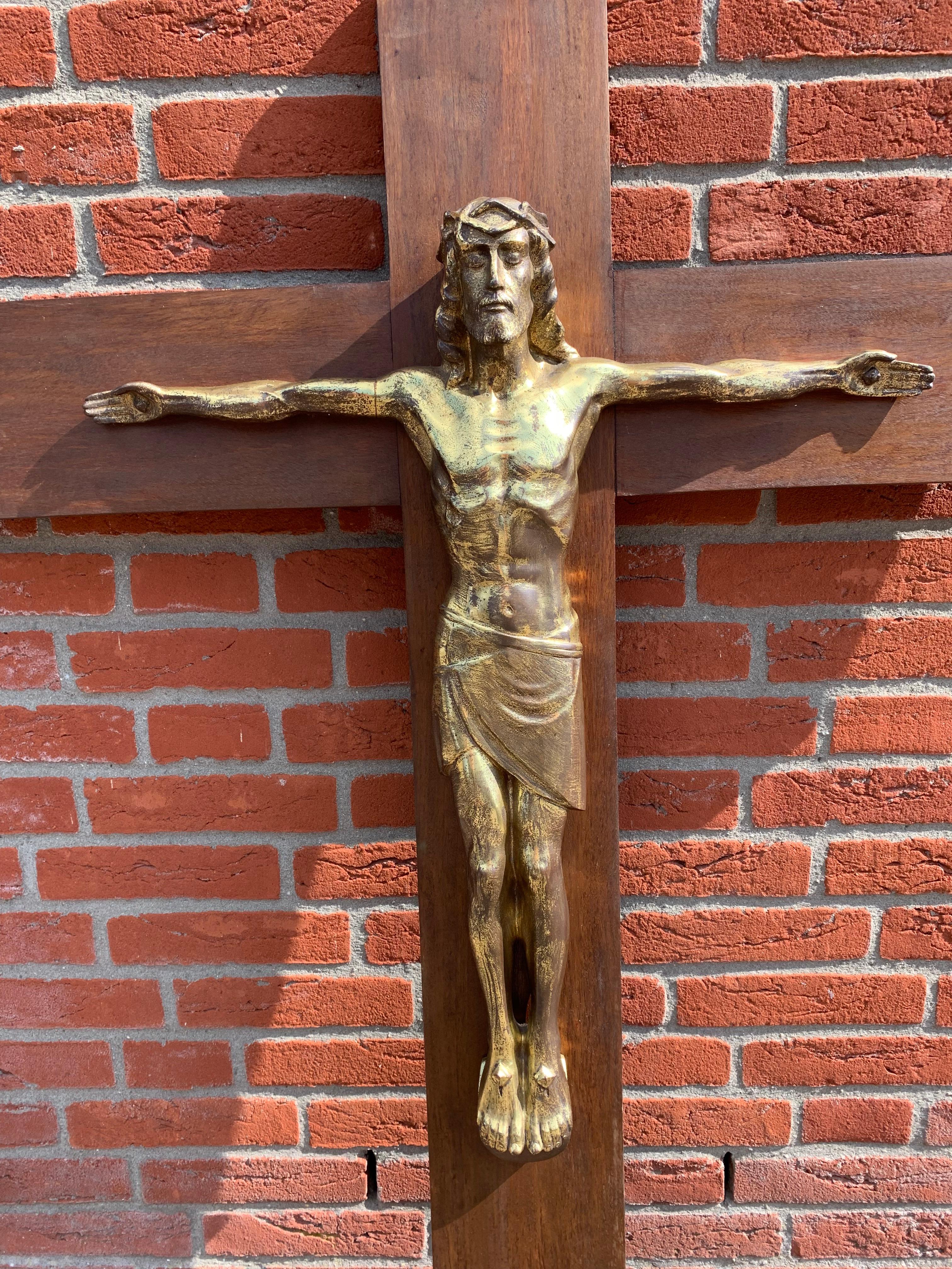 French Early 1900 Large Size & Stylish Bronze Jesus Wall Crucifix / Christ on the Cross