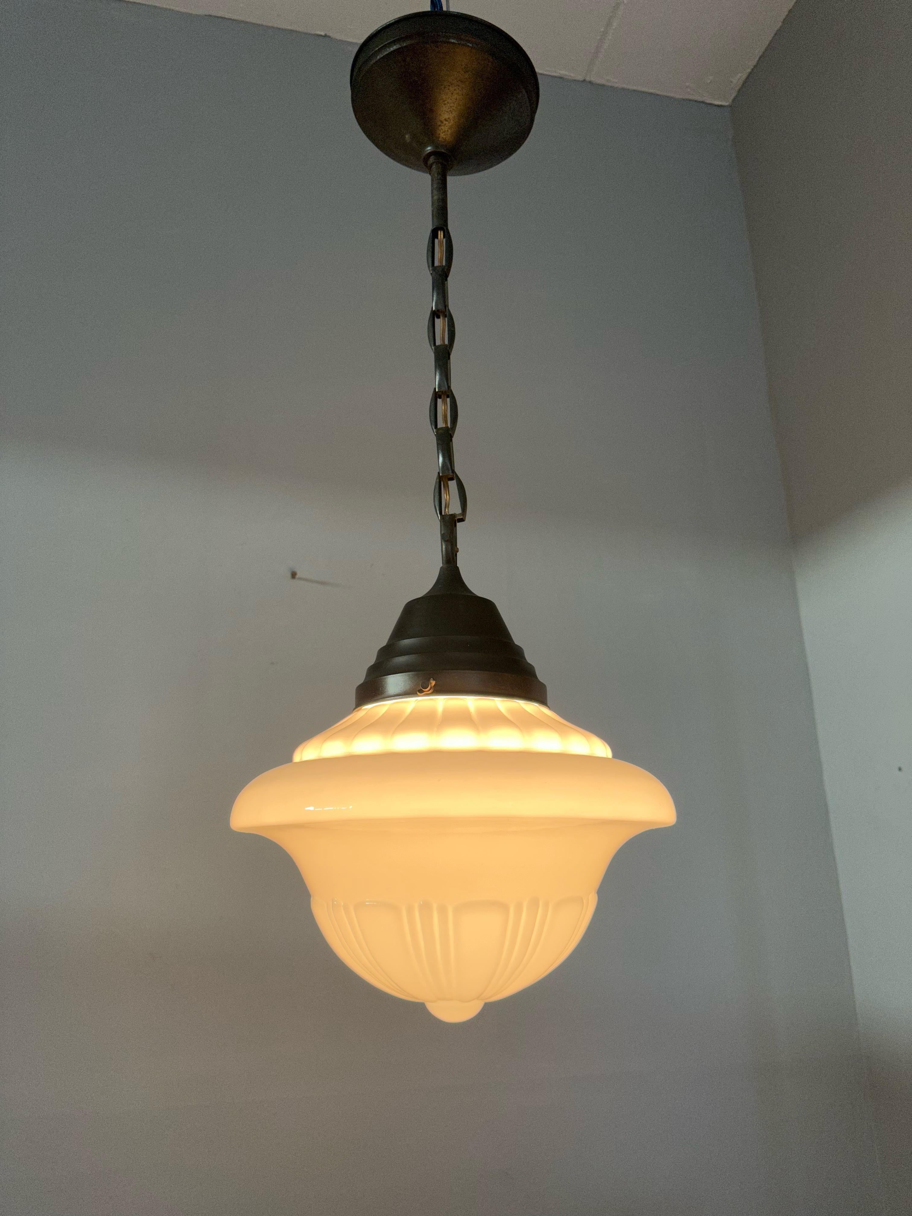 Early 1900 Rare Large Art Deco Pendant / Light Opaline Glass Shade & Brass Chain For Sale 7