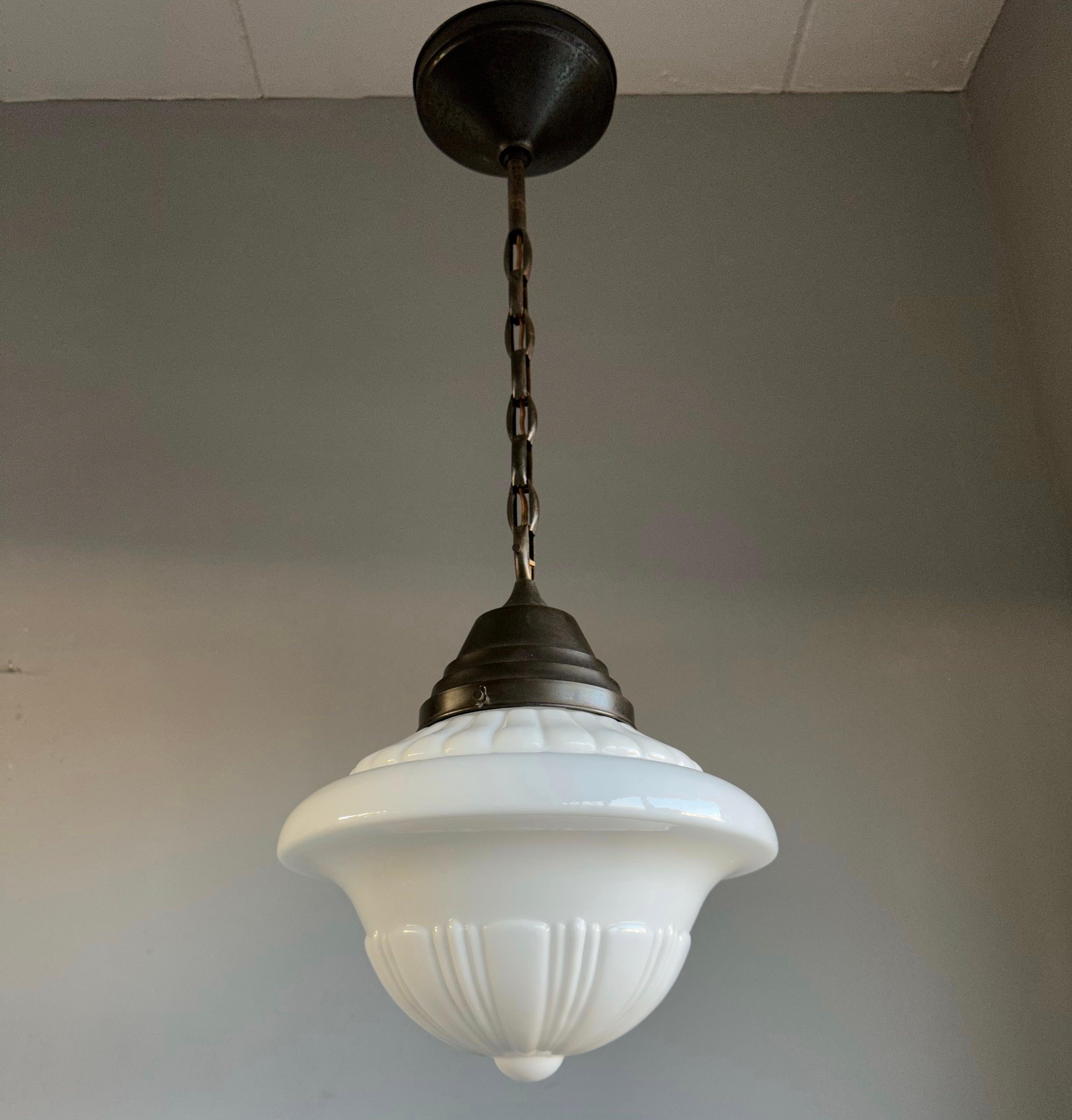 Early 1900 Rare Large Art Deco Pendant / Light Opaline Glass Shade & Brass Chain For Sale 12