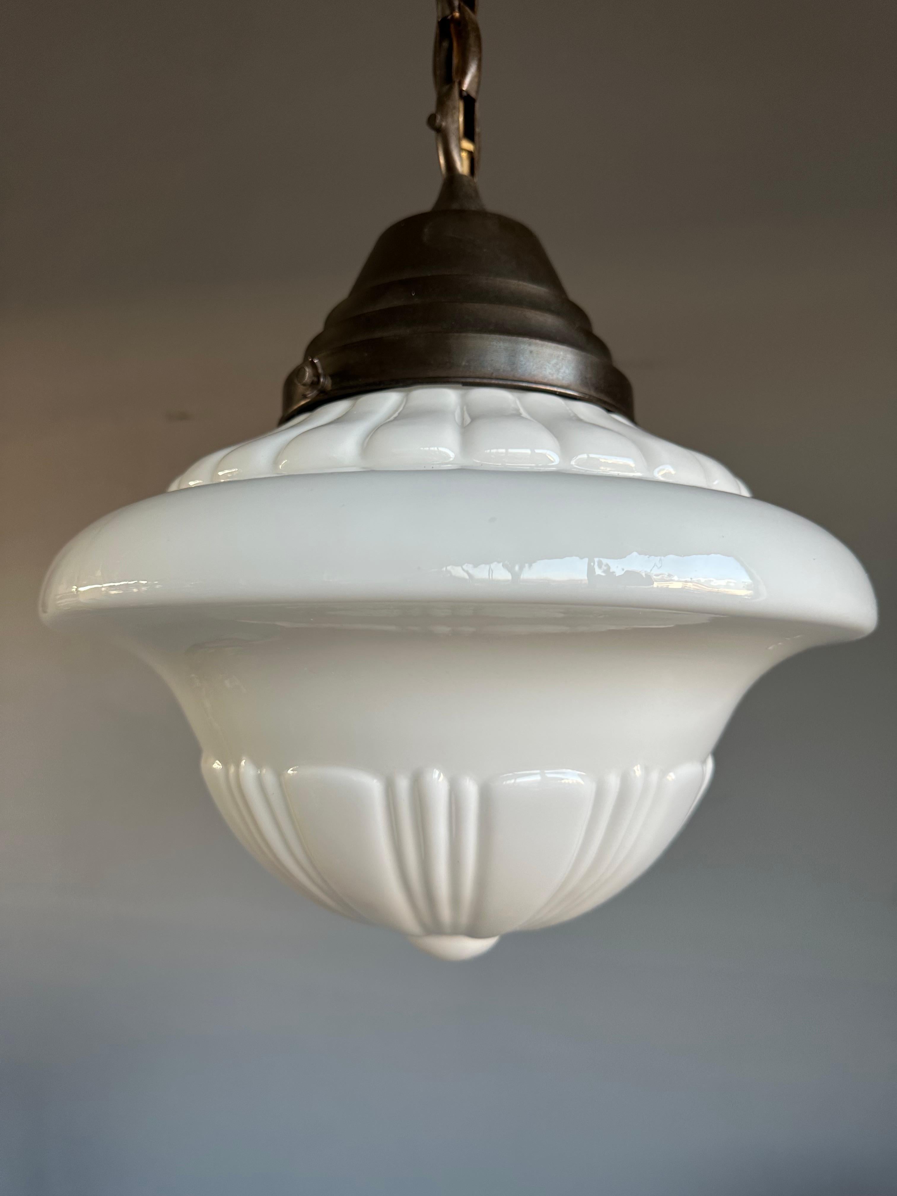 European Early 1900 Rare Large Art Deco Pendant / Light Opaline Glass Shade & Brass Chain For Sale