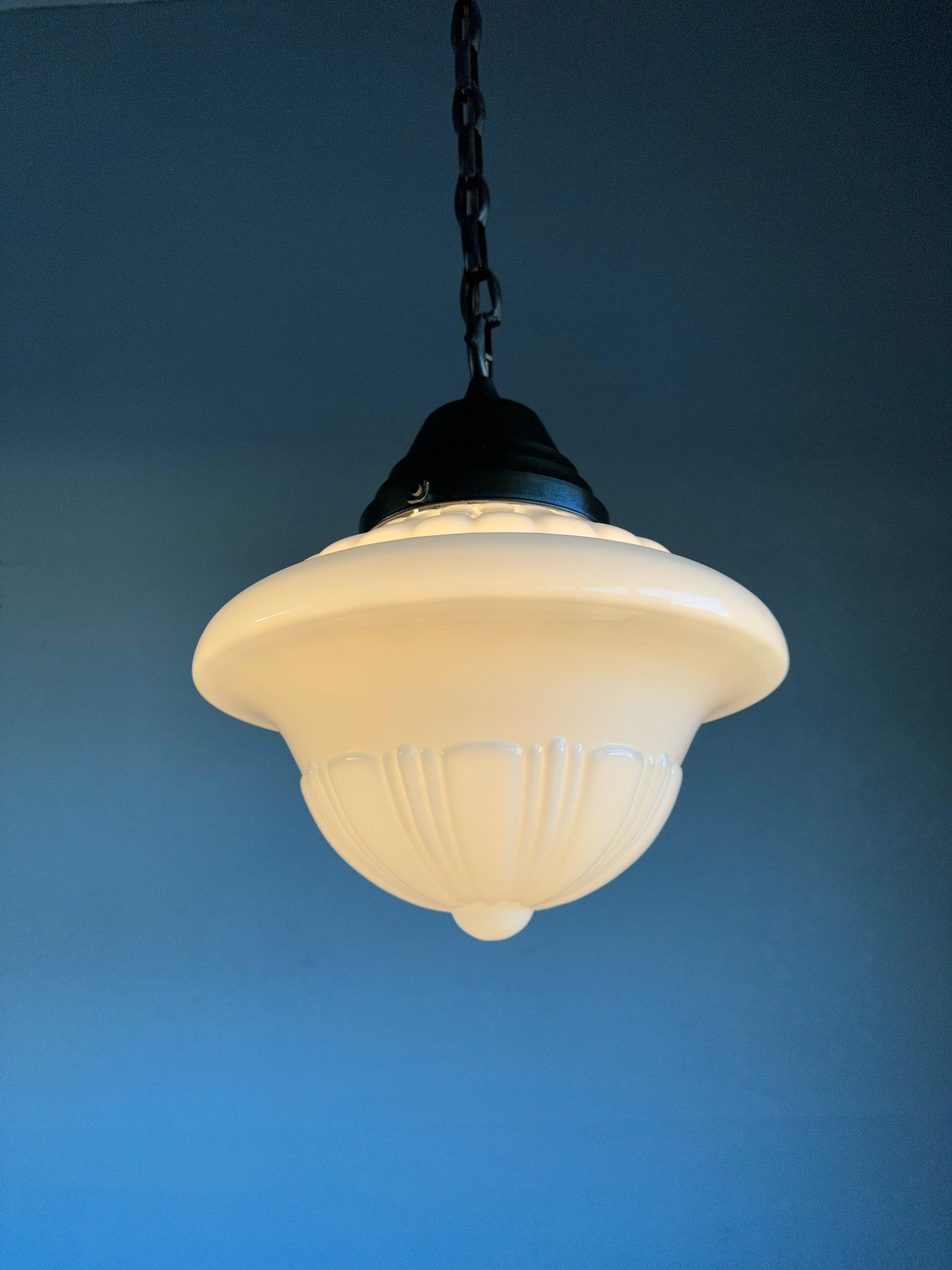 Hand-Crafted Early 1900 Rare Large Art Deco Pendant / Light Opaline Glass Shade & Brass Chain For Sale