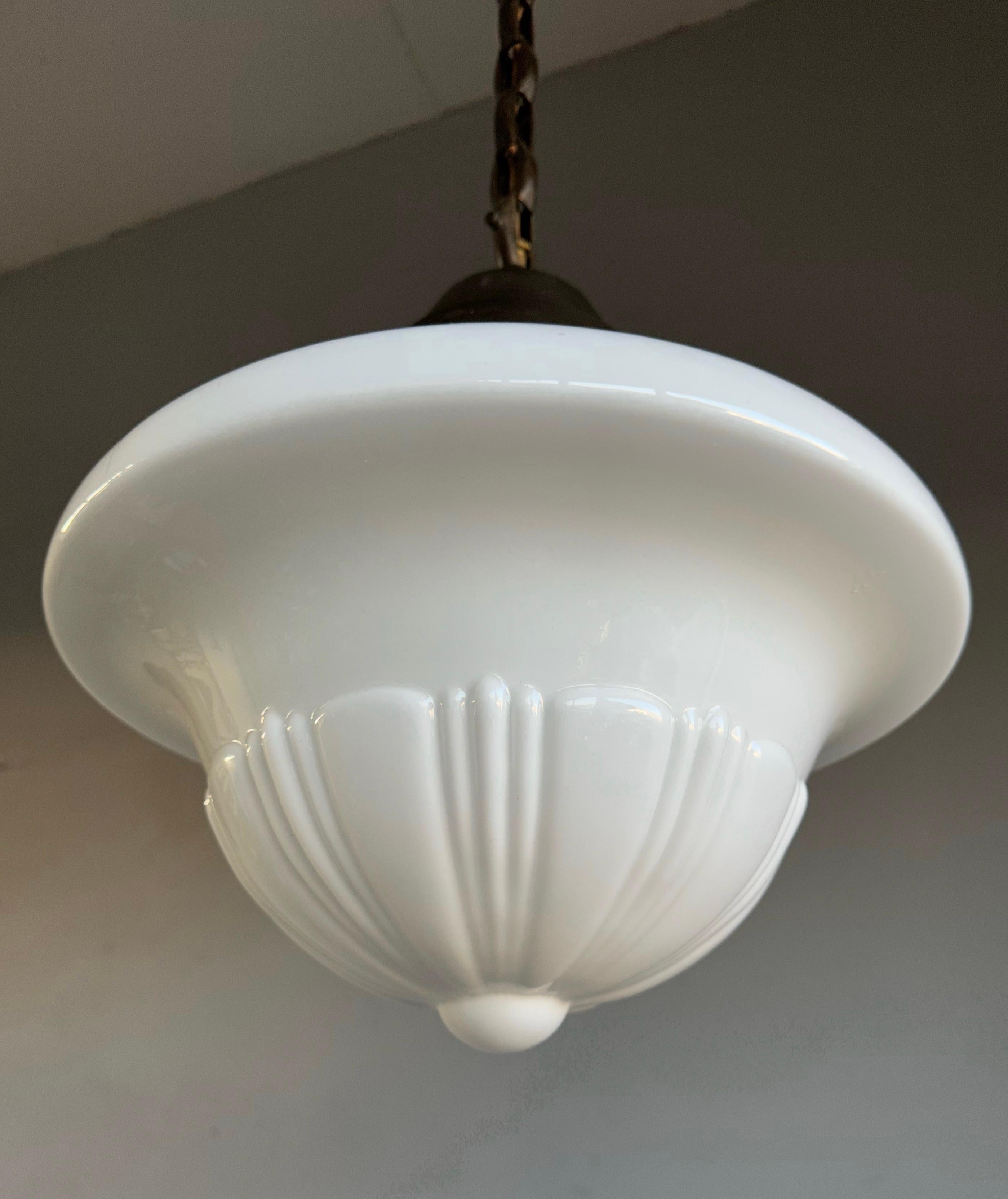 Early 1900 Rare Large Art Deco Pendant / Light Opaline Glass Shade & Brass Chain For Sale 1