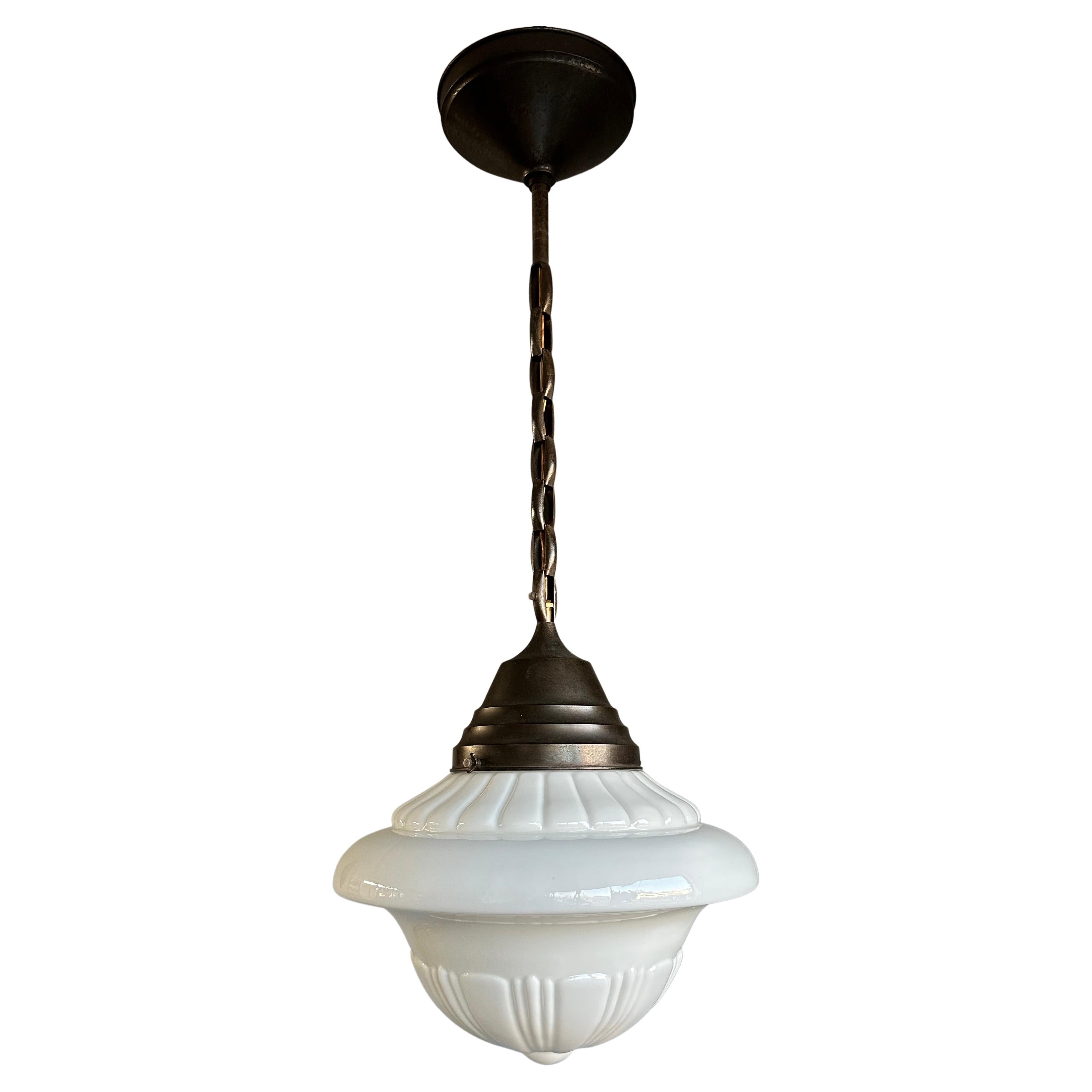 Early 1900 Rare Large Art Deco Pendant / Light Opaline Glass Shade & Brass Chain For Sale