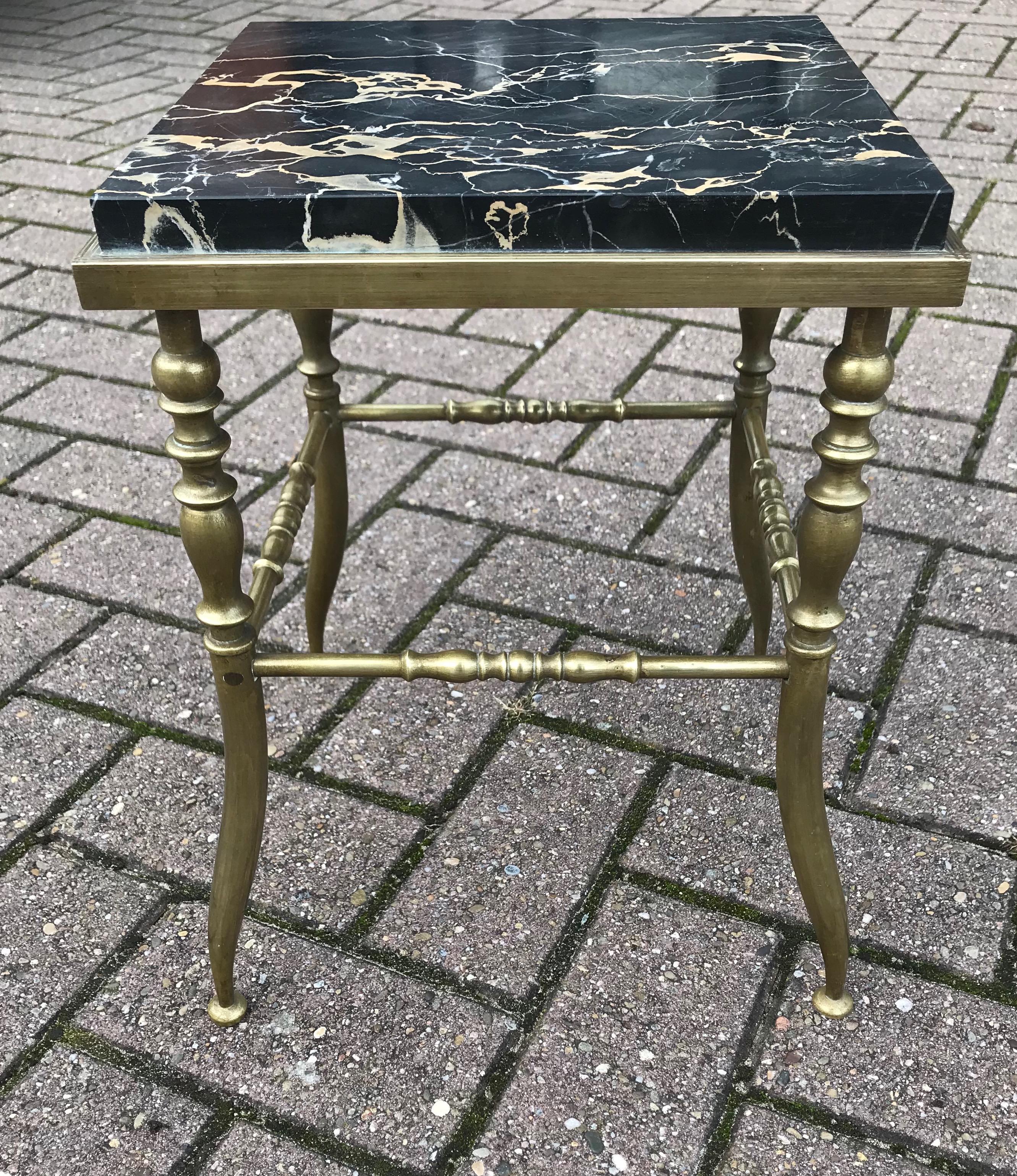 European Arts & Crafts Small Size & Elegant Bronze Display Table / Plant Stand Marble Top For Sale