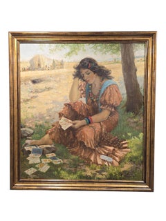 Early 1900 Spanish Oil Painting by Pradilla – Fortune Teller Reading Cards