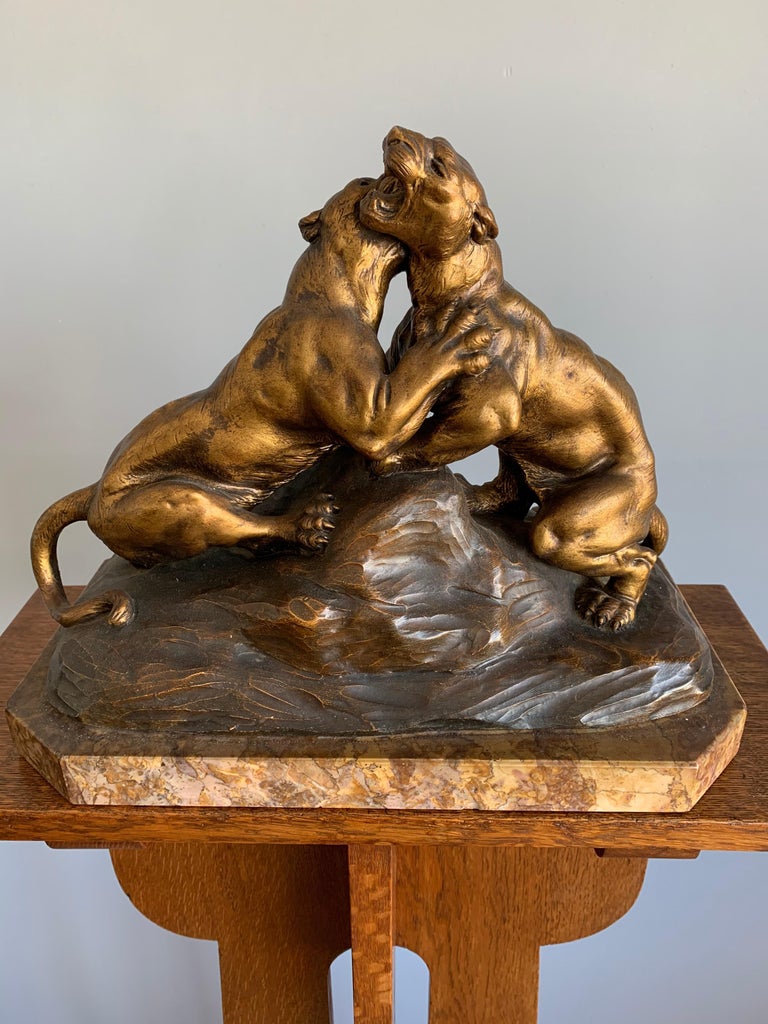 Early 1900 Terracotta Sculpture of Fighting Panthers on a Marble Base by Fagotto For Sale 4