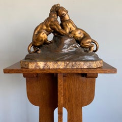 Early 1900 Terracotta Sculpture of Fighting Panthers on a Marble Base by Fagotto