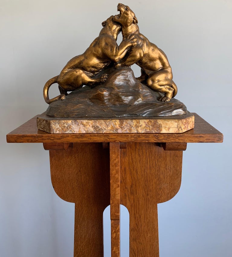 Art Deco Early 1900 Terracotta Sculpture of Fighting Panthers on a Marble Base by Fagotto For Sale