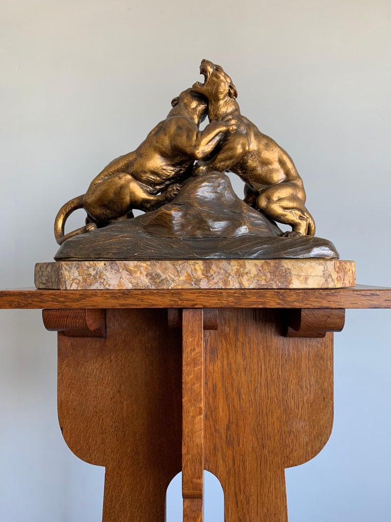 20th Century Early 1900 Terracotta Sculpture of Fighting Panthers on a Marble Base by Fagotto For Sale