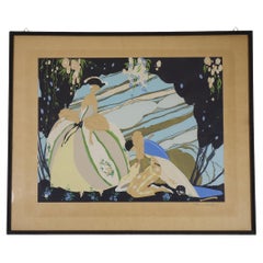 Early 1900 Umberto Brunelleschi Art Deco Litograph Watercolor  Pochoir