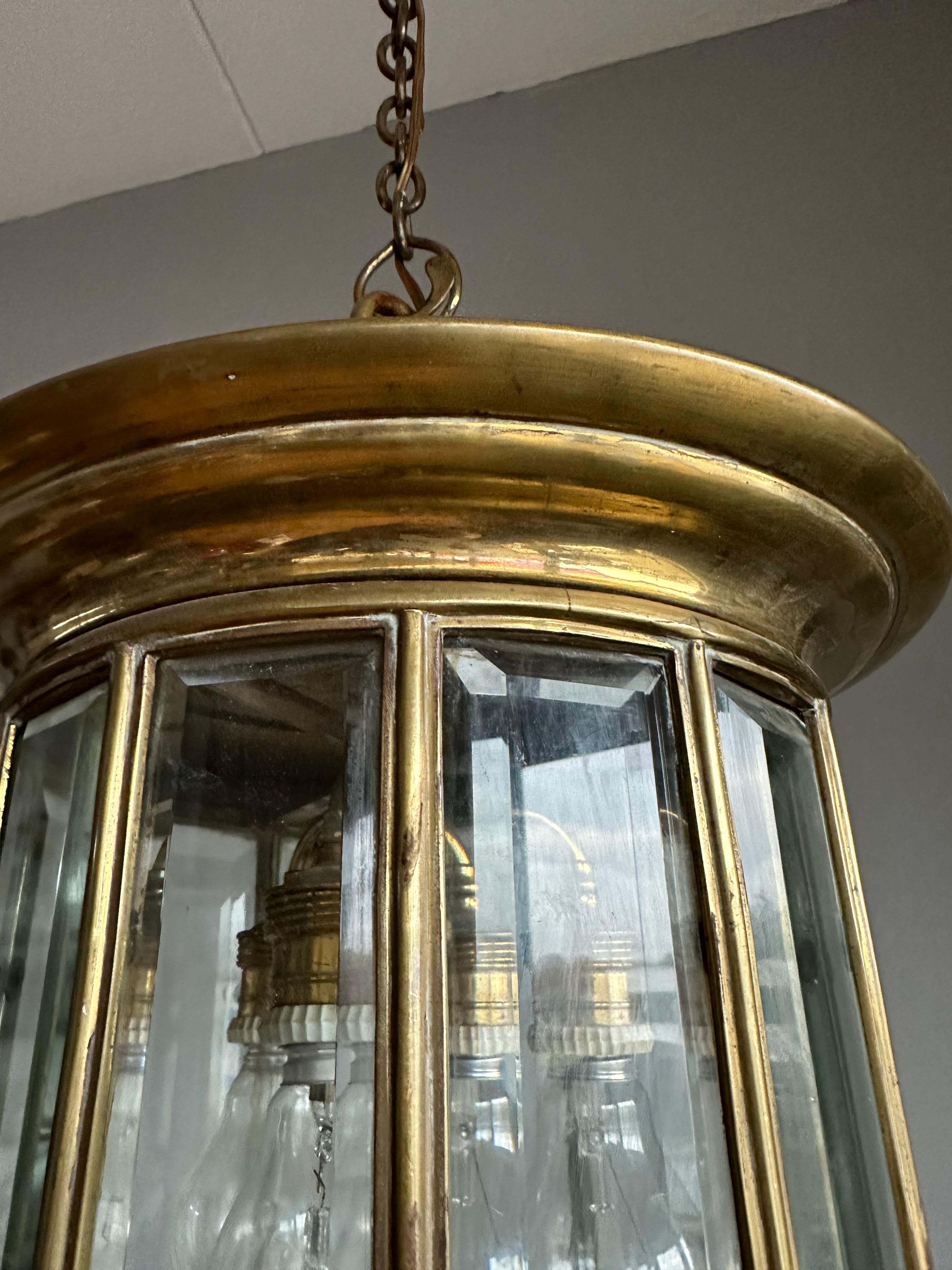 Extra Large Art Deco Bronze & Beveled Glass 12 Angular Hallway Pendant, Lantern For Sale 2