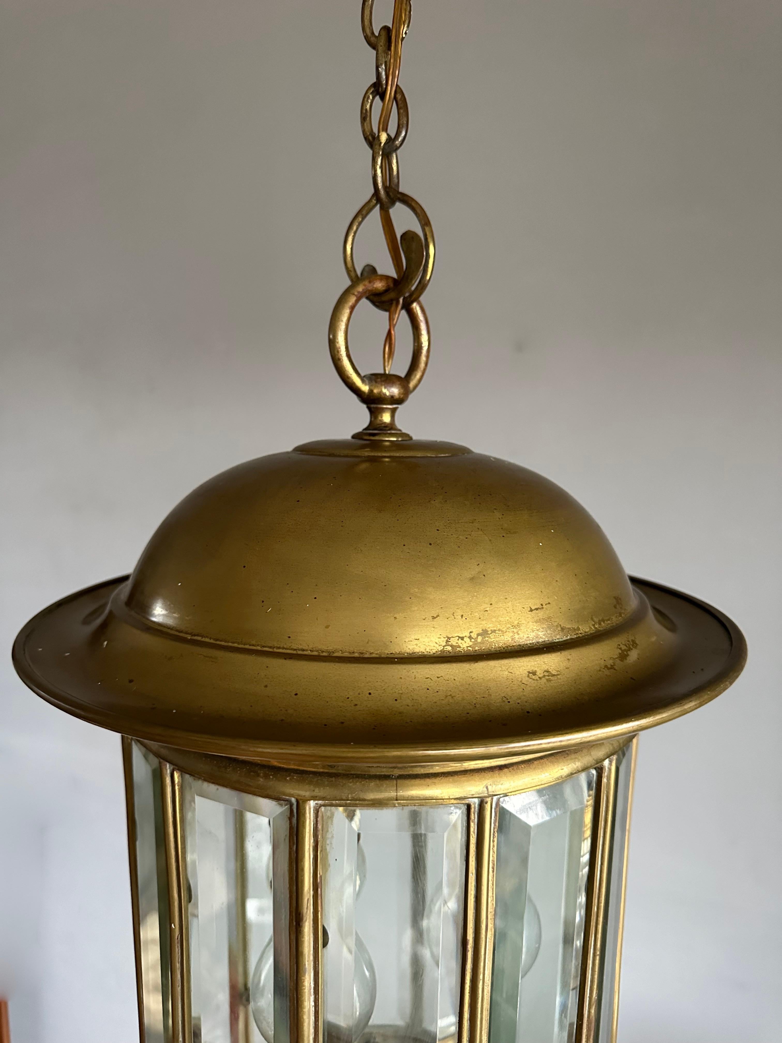 Extra Large Art Deco Bronze & Beveled Glass 12 Angular Hallway Pendant, Lantern For Sale 3