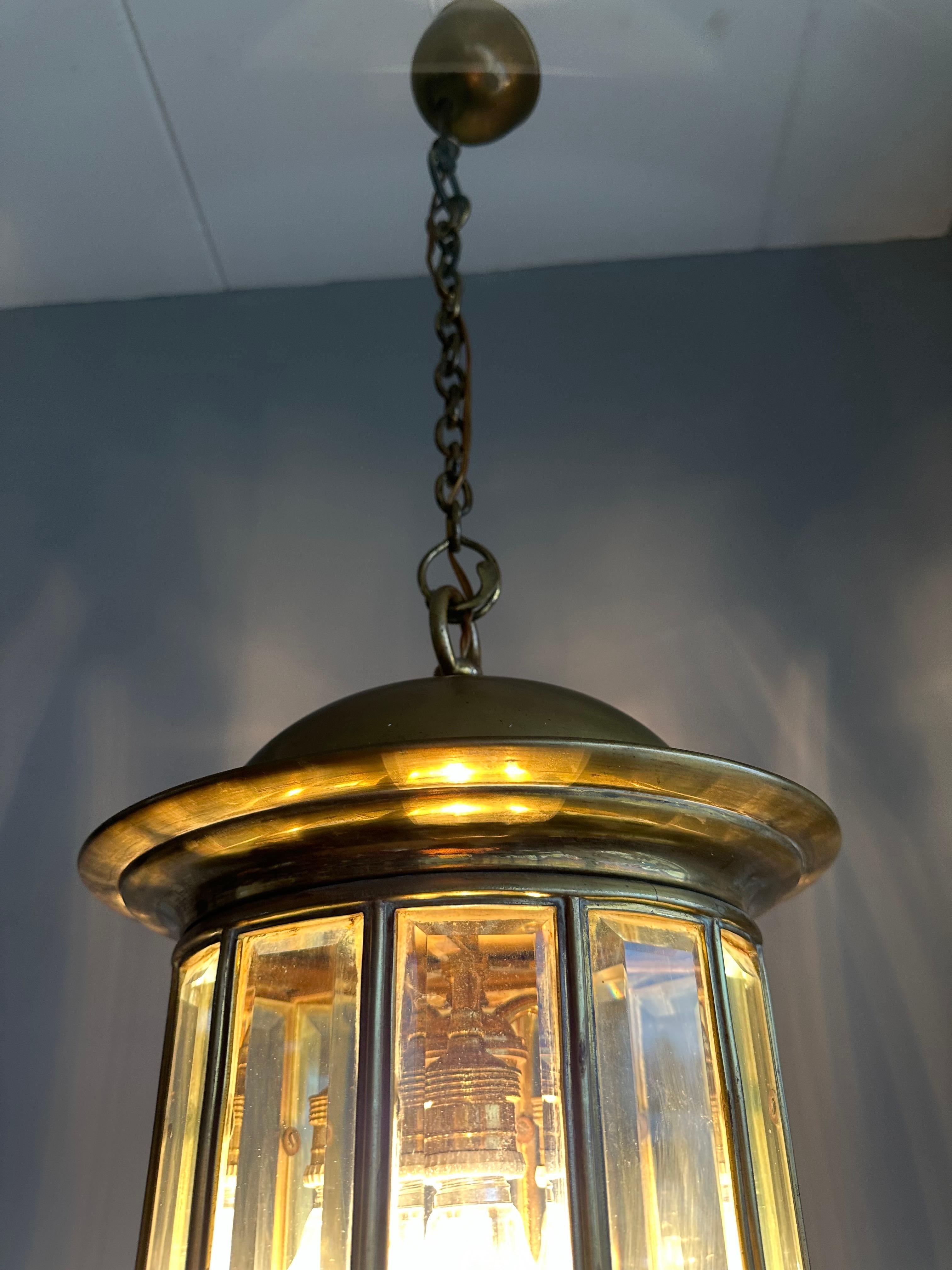 Extra Large Art Deco Bronze & Beveled Glass 12 Angular Hallway Pendant, Lantern For Sale 5