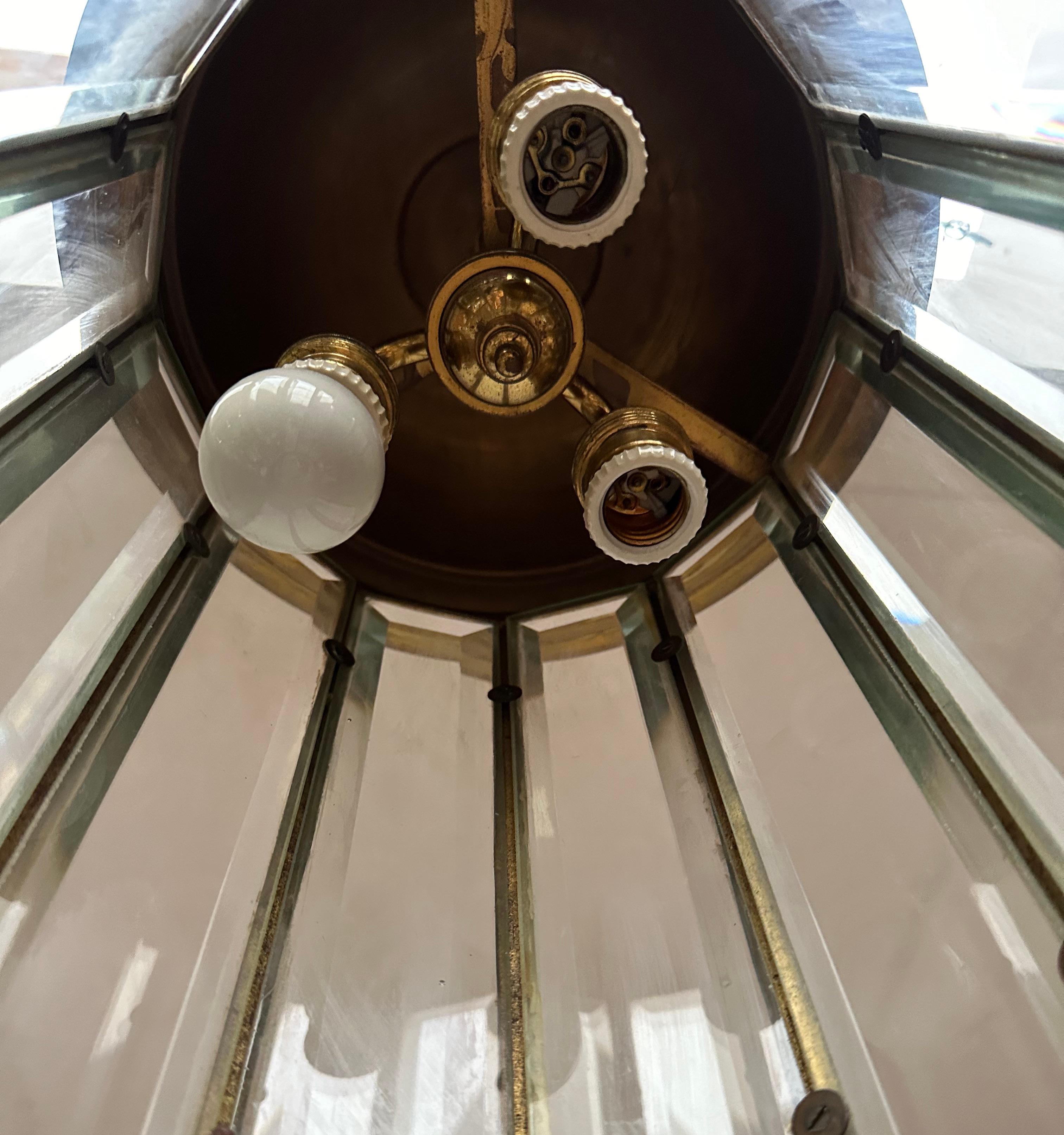 Extra Large Art Deco Bronze & Beveled Glass 12 Angular Hallway Pendant, Lantern For Sale 6