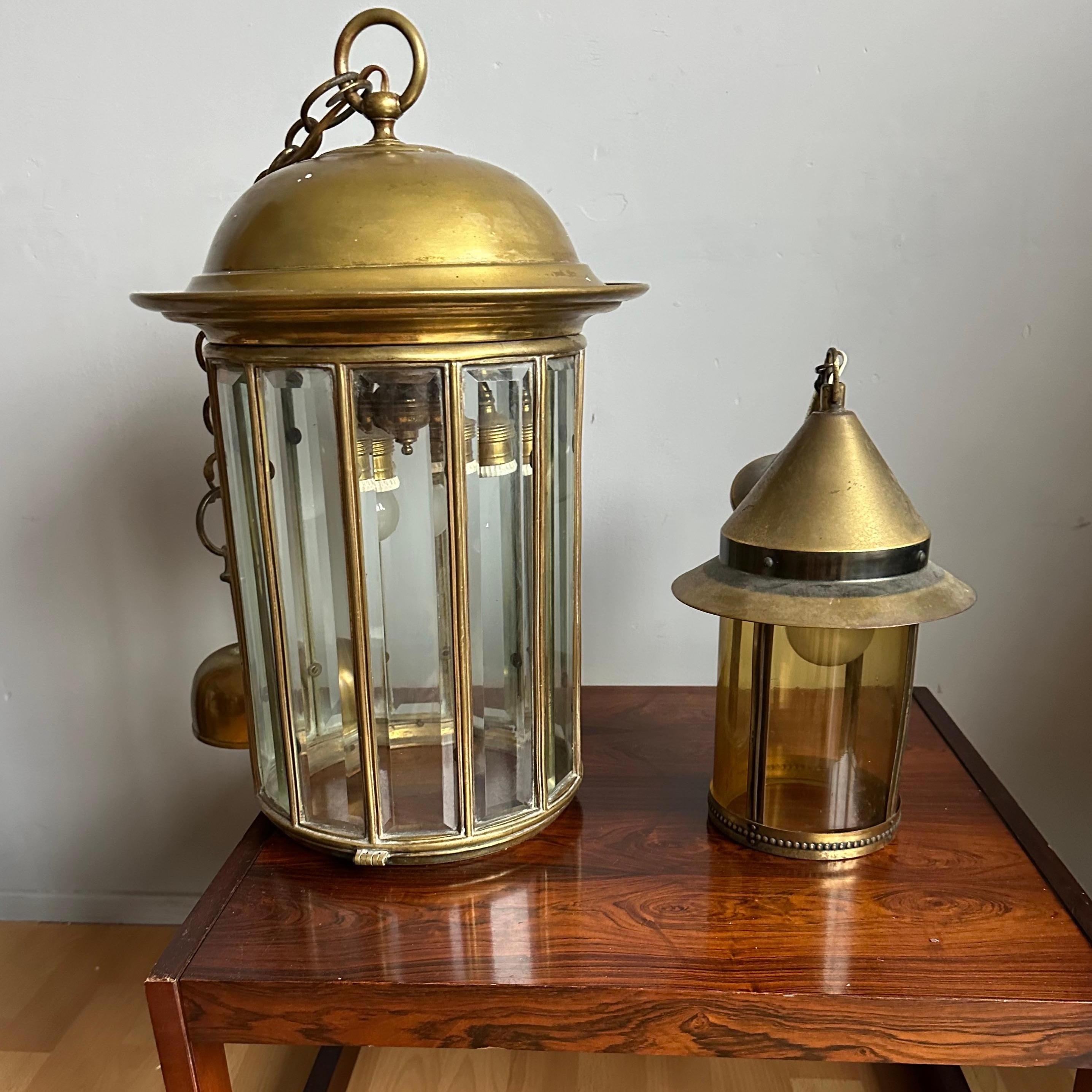 Extra Large Art Deco Bronze & Beveled Glass 12 Angular Hallway Pendant, Lantern For Sale 9