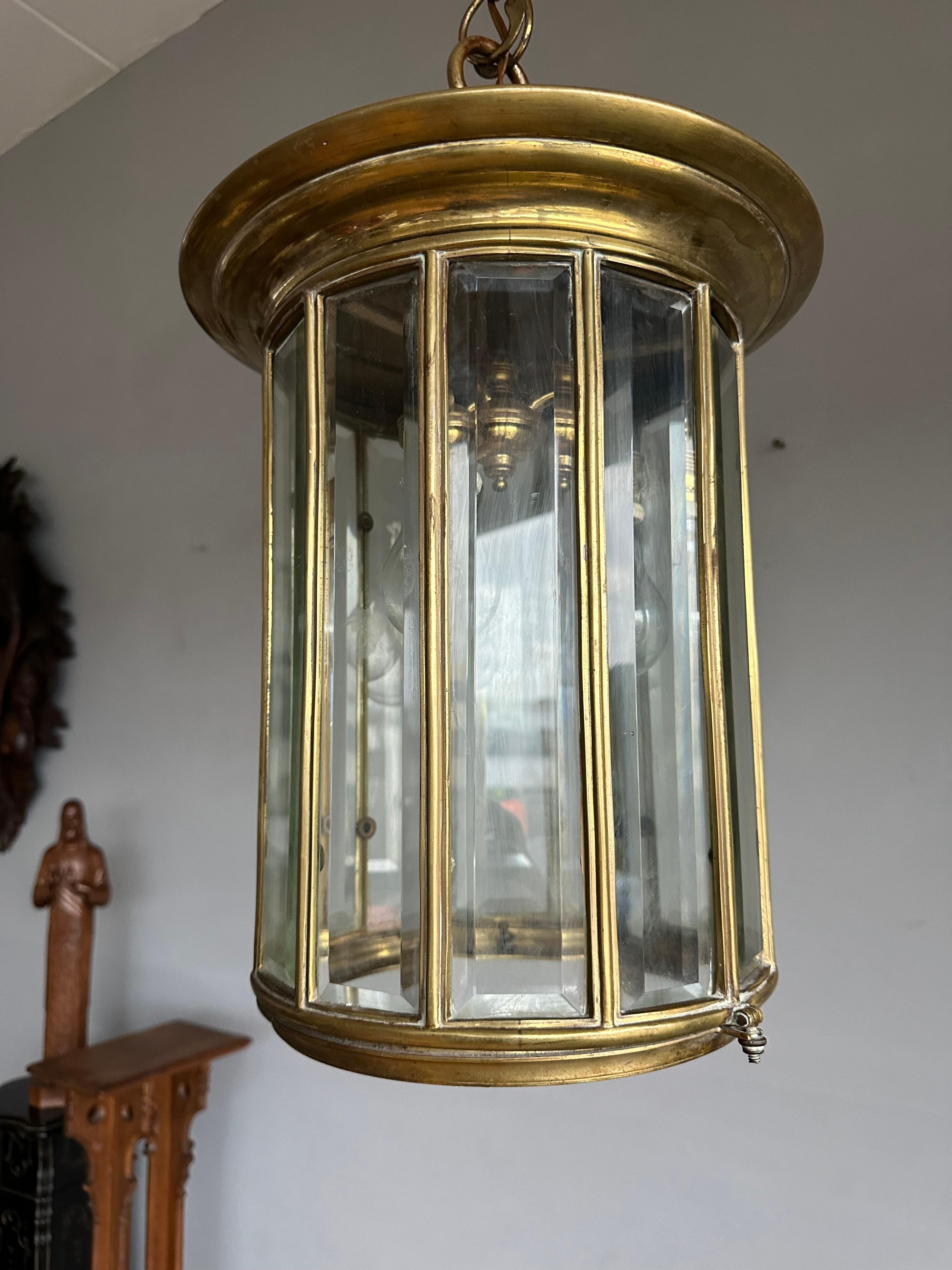 Extra Large Art Deco Bronze & Beveled Glass 12 Angular Hallway Pendant, Lantern For Sale 10