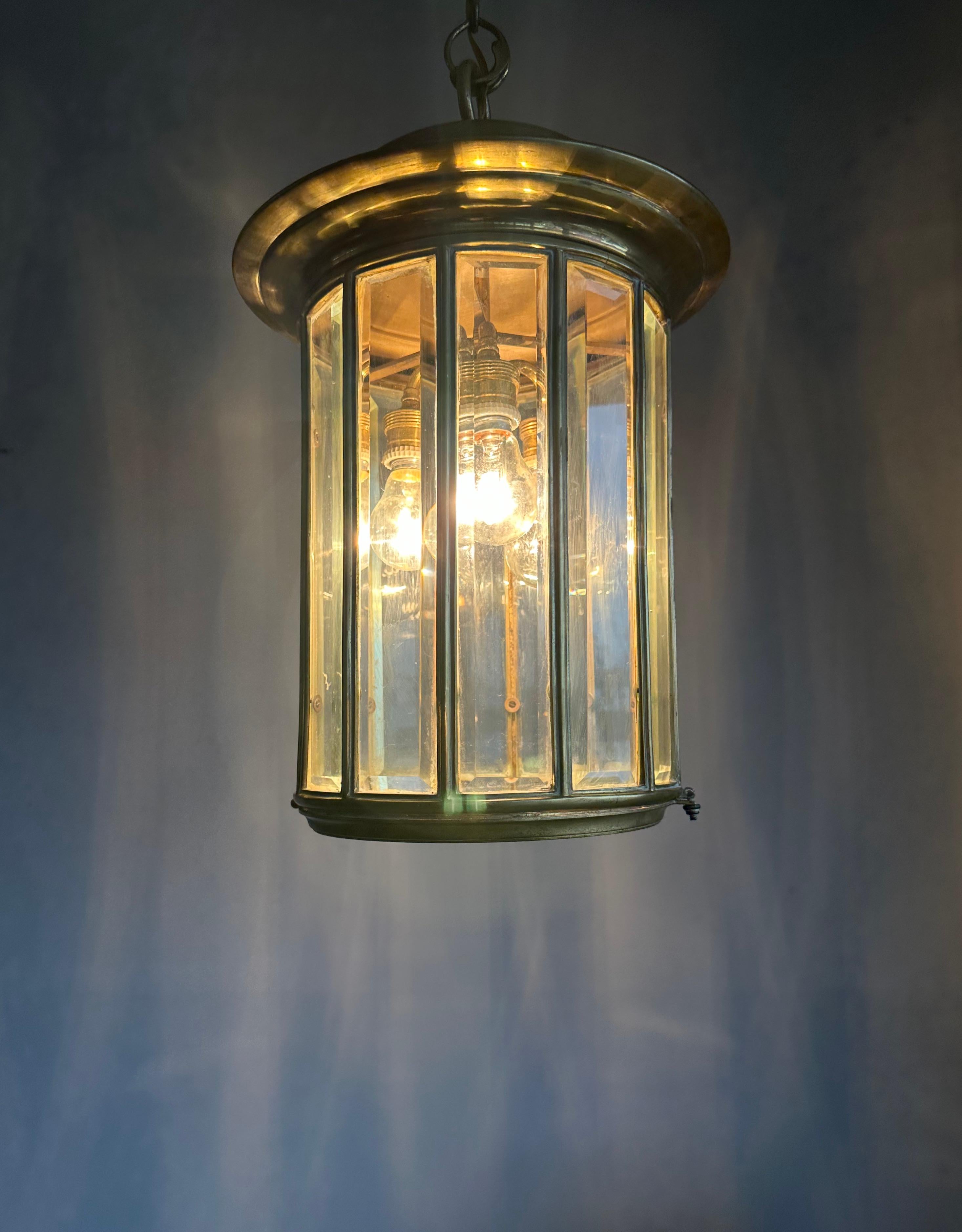 Extra Large Art Deco Bronze & Beveled Glass 12 Angular Hallway Pendant, Lantern For Sale 11