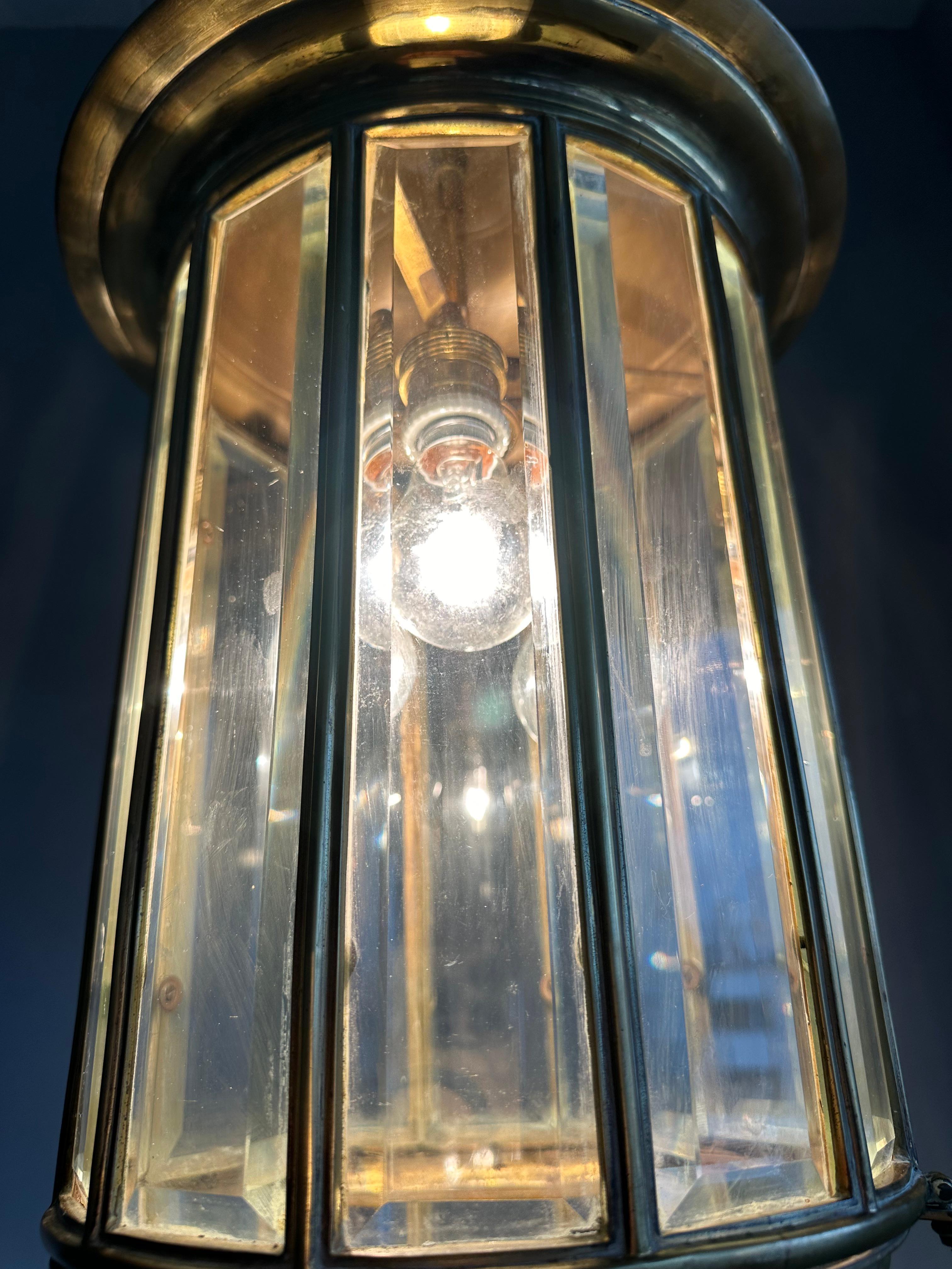 Extra Large Art Deco Bronze & Beveled Glass 12 Angular Hallway Pendant, Lantern For Sale 12