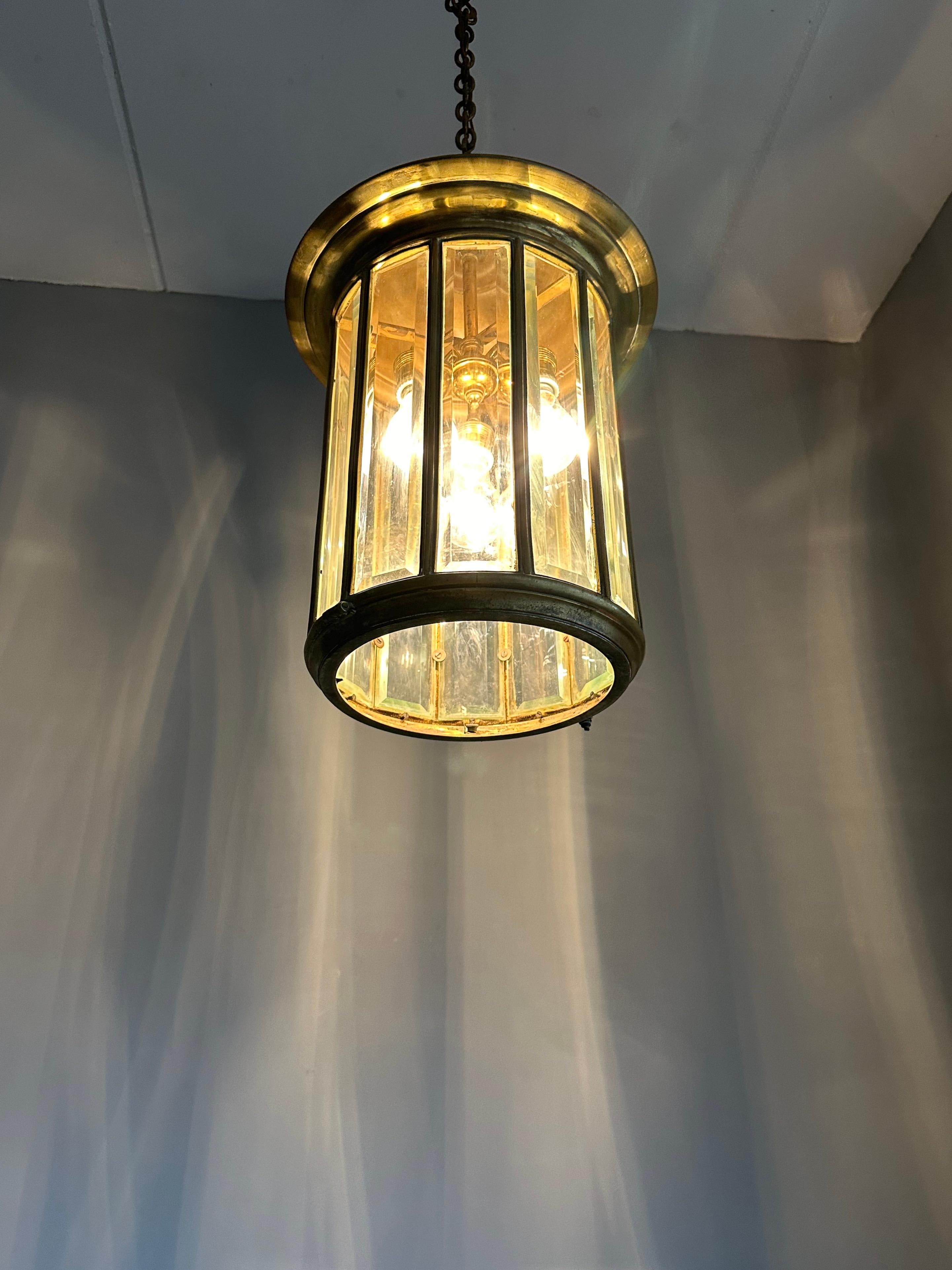 Extra Large Art Deco Bronze & Beveled Glass 12 Angular Hallway Pendant, Lantern For Sale 7