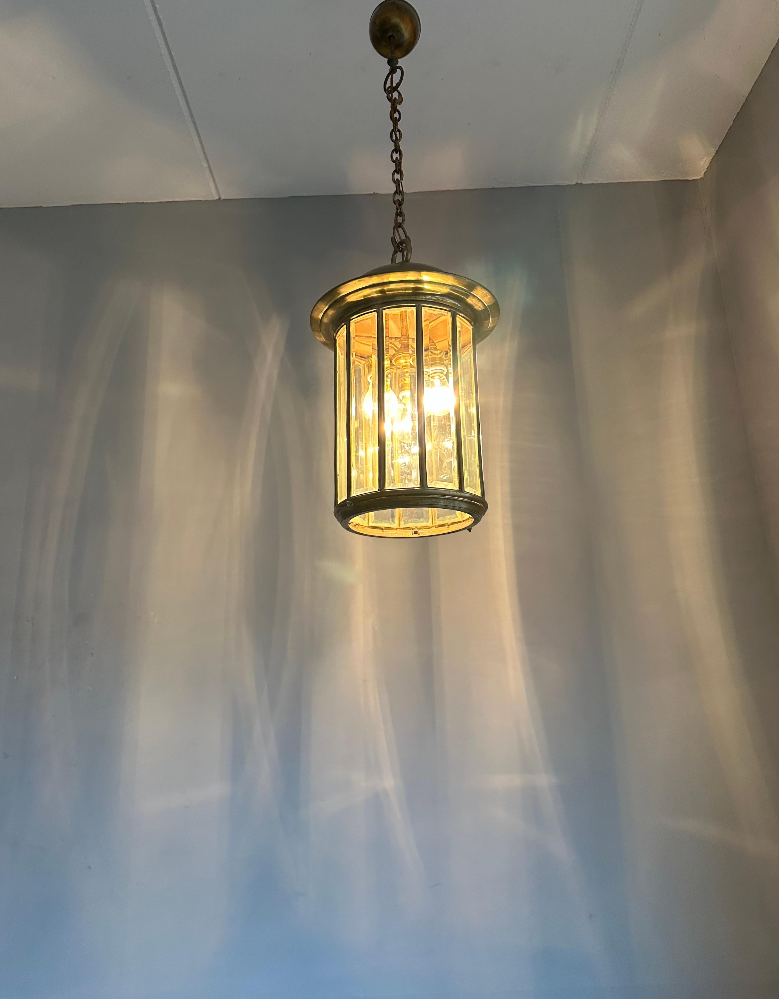 Extra Large Art Deco Bronze & Beveled Glass 12 Angular Hallway Pendant, Lantern For Sale 8
