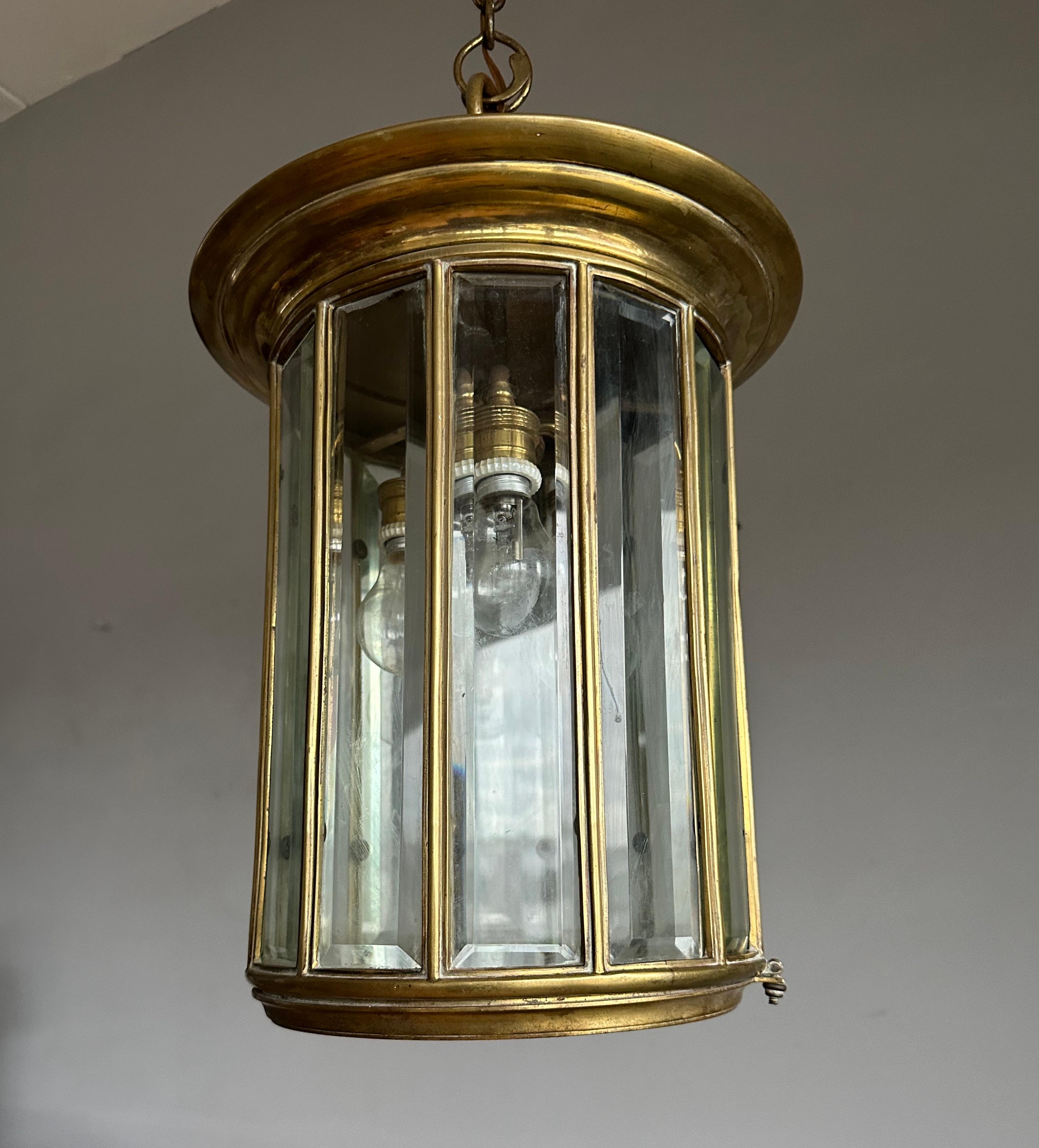 European Extra Large Art Deco Bronze & Beveled Glass 12 Angular Hallway Pendant, Lantern For Sale