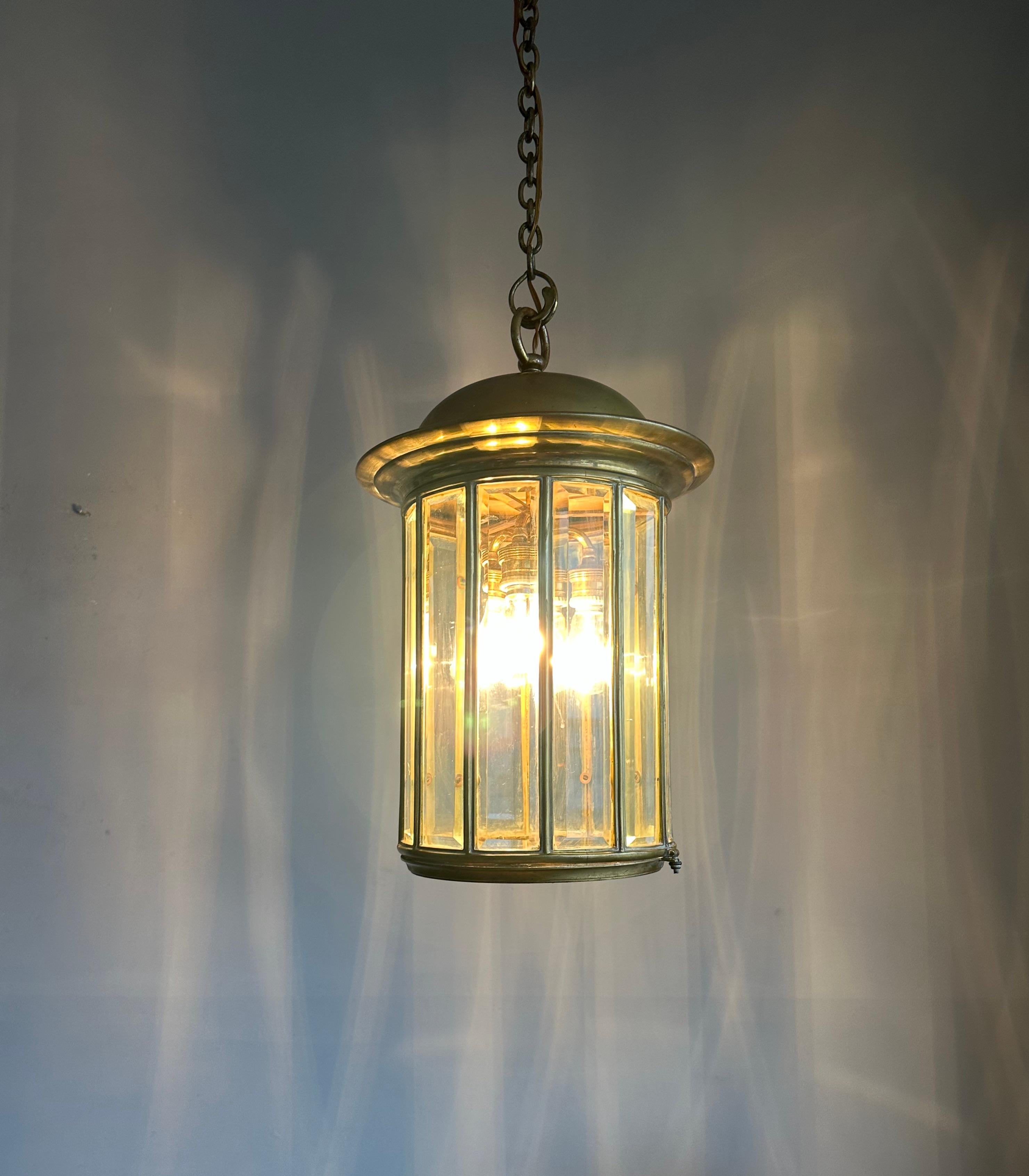 Cast Extra Large Art Deco Bronze & Beveled Glass 12 Angular Hallway Pendant, Lantern For Sale